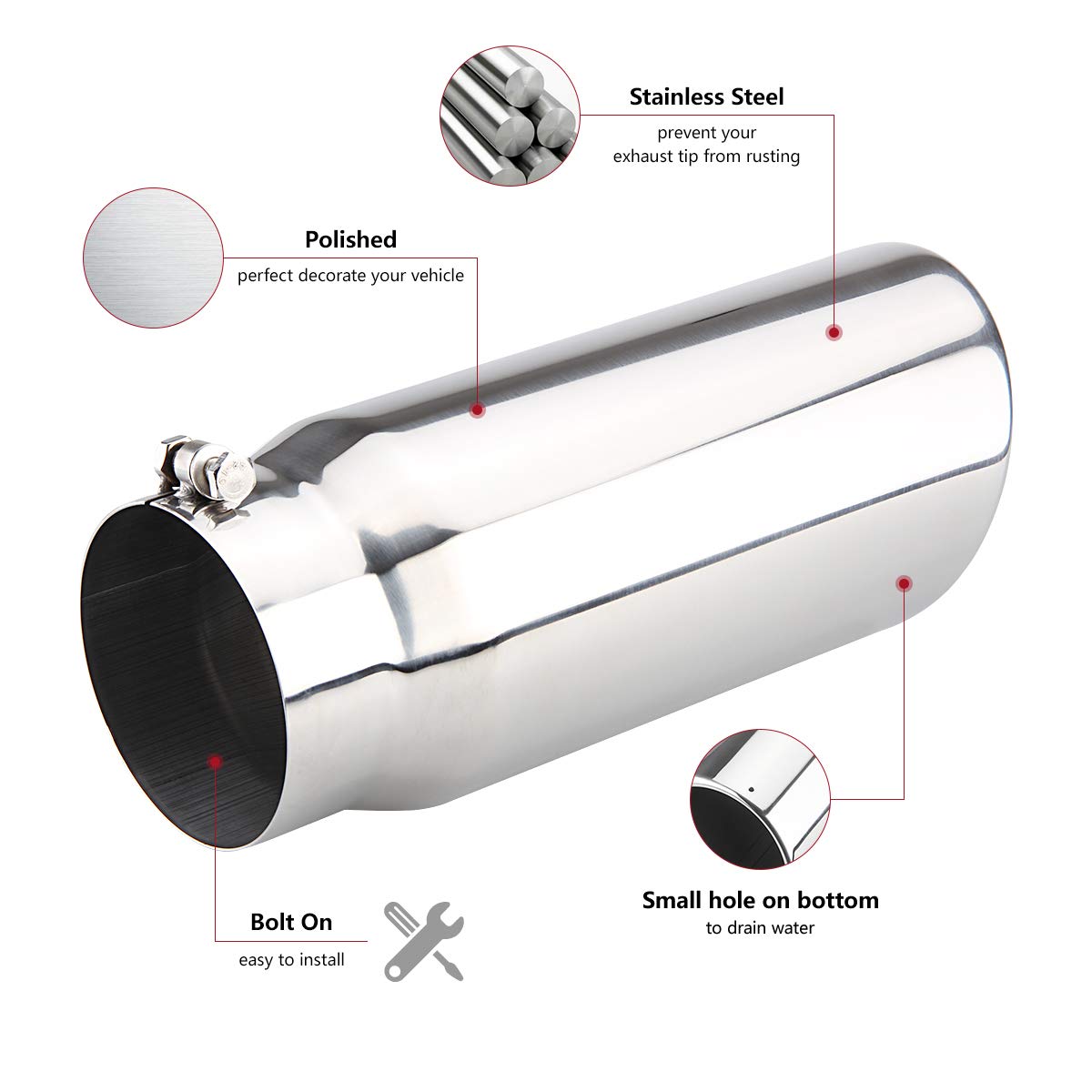 LCGP Diesel Exhaust Tip 5" x 6" x 15", Polished Stainless Steel, Rolled Angle Cut Design