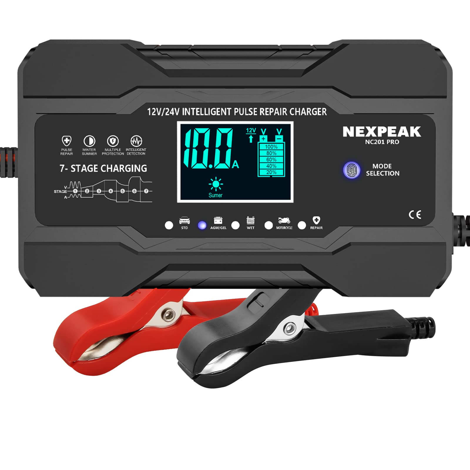 NEXPEAK 10-Amp Smart Car Battery Charger, 12V/24V Automatic Maintainer for Lead Acid Batteries - Black
