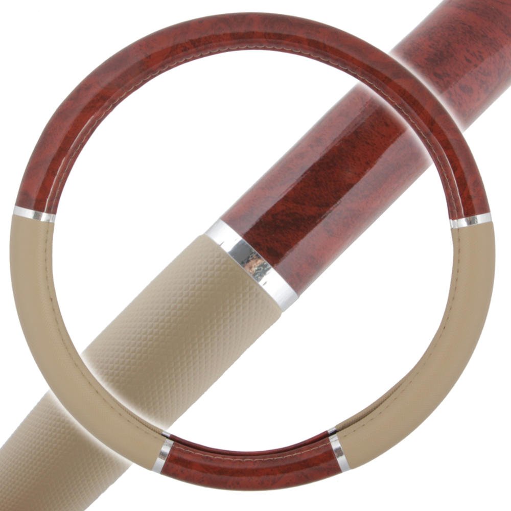 BDK Dark Wood Grain Steering Wheel Cover, 15" Universal Size, Beige Faux Leather Grip, Model SW-238-BG