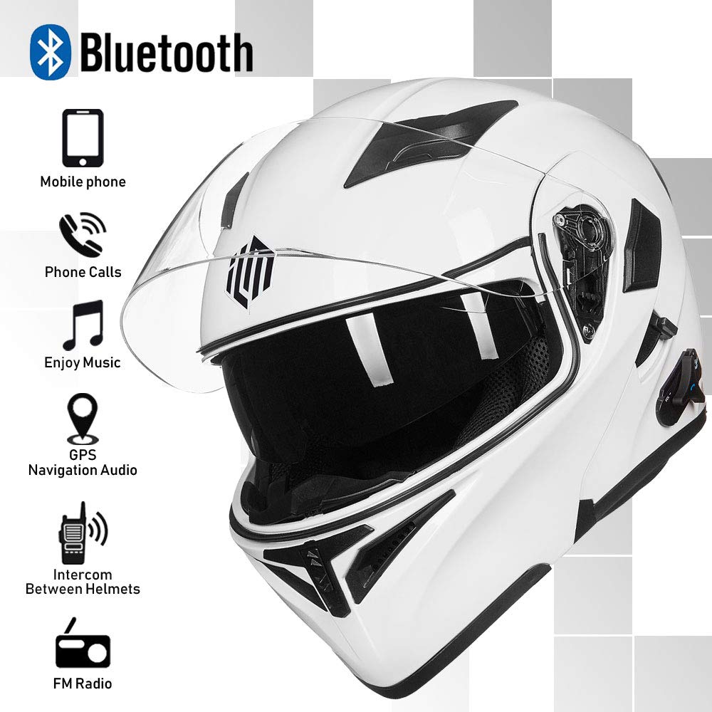 Ilm Bluetooth Motorcycle Helmet Modular Flip Up Full Face Dual Visor Mp3 Intercom Fm Radio Dot Model 902Bt(White, 2Xl)