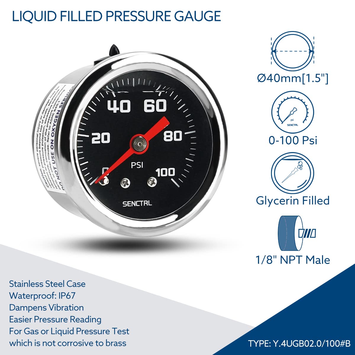 Senctrl 0-100 Psi Fuel Pressure Gauge, 1-1/2'' Black Dial, 1/8'' Npt Back Mount, Glycerin Liquid Filled, Stainless Steel Case, I