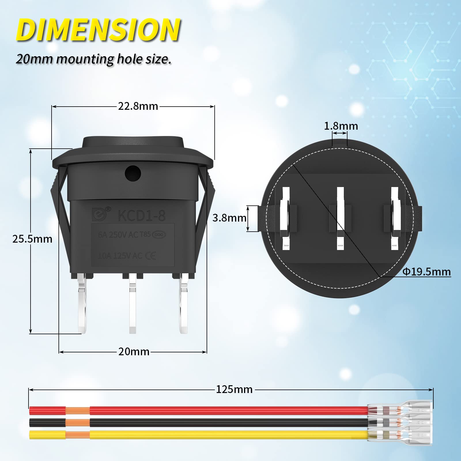 Joinfworld 3 Way Round Rocker Switch 12V, Waterproof 3 Pin 3 Position On/Off/On 6A/250V Ac 10A/125V Dc Spdt Circle Toggle Switch With Wires For Auto Car Marine Boat - 8Pack