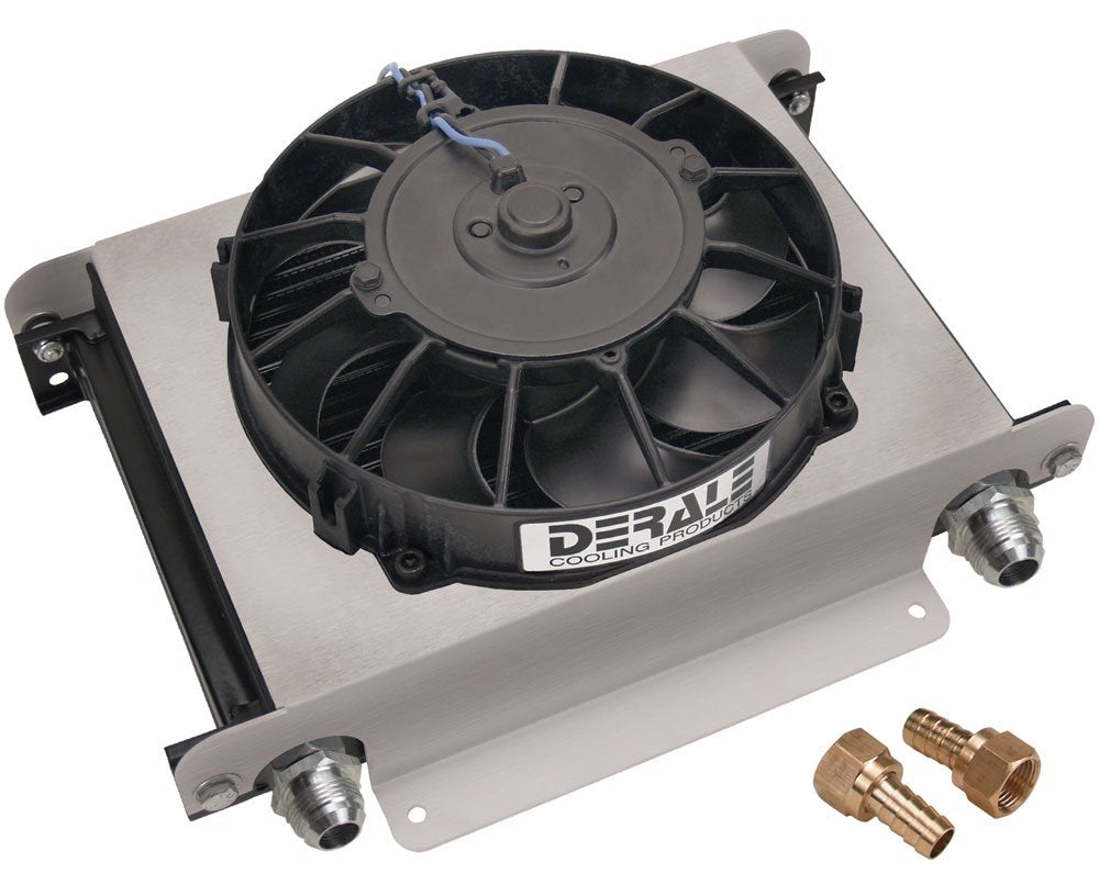 Fluid Cooler and Fan, 13 x 10 x 5-5/8 in, Plate Type, 10 AN Female O-Ring Inlet/Outlet, 10 AN Male Adapters, Fittings, Aluminum,