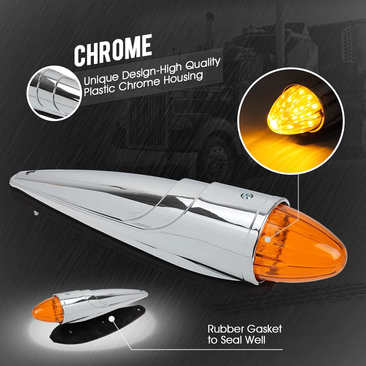 Partsam 5PCS Amber LED Torpedo Cab Marker Lights - Super Bright, Chrome, Model 13, Medium Size for Trucks