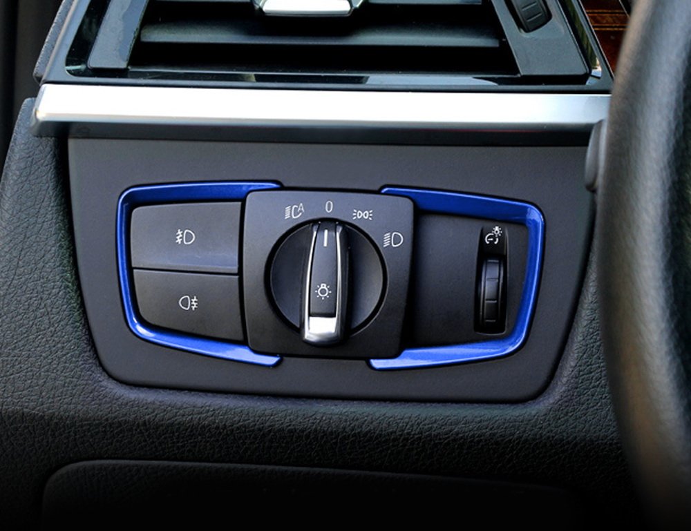 Ijdmtoy 2Pc Blue Light Switch Surrounding Decorative Trims Compatible With Bmw 2 3 4 Series X5 X6 (F22 F30 F31 F32 F33 F15 F16)