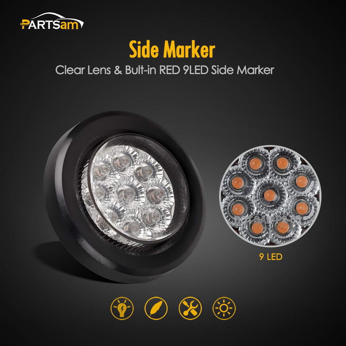 Partsam 5X 2 Led Marker Light Cab Panel Light, 2 Inch Red 9 Led Round Clearance Lights W Grommet/Pigtail For Trailer Truck Rv Ca