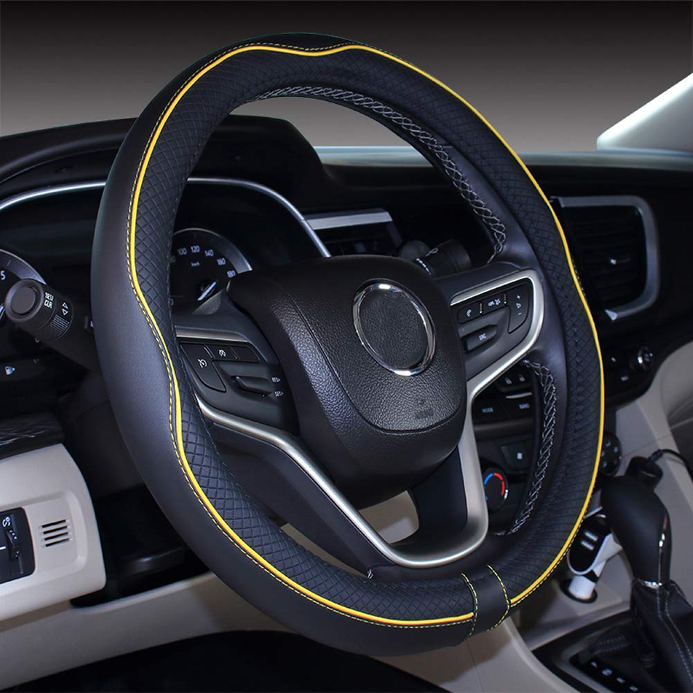 Mayco Bell Universal Standard Size Steering Wheel Cover Anti-Slip,Safety,Soft,Breathable,Durable,Full Surround,Comfortable Grip Microfiber Leather (14.5-15 Inch,Black Yellow)