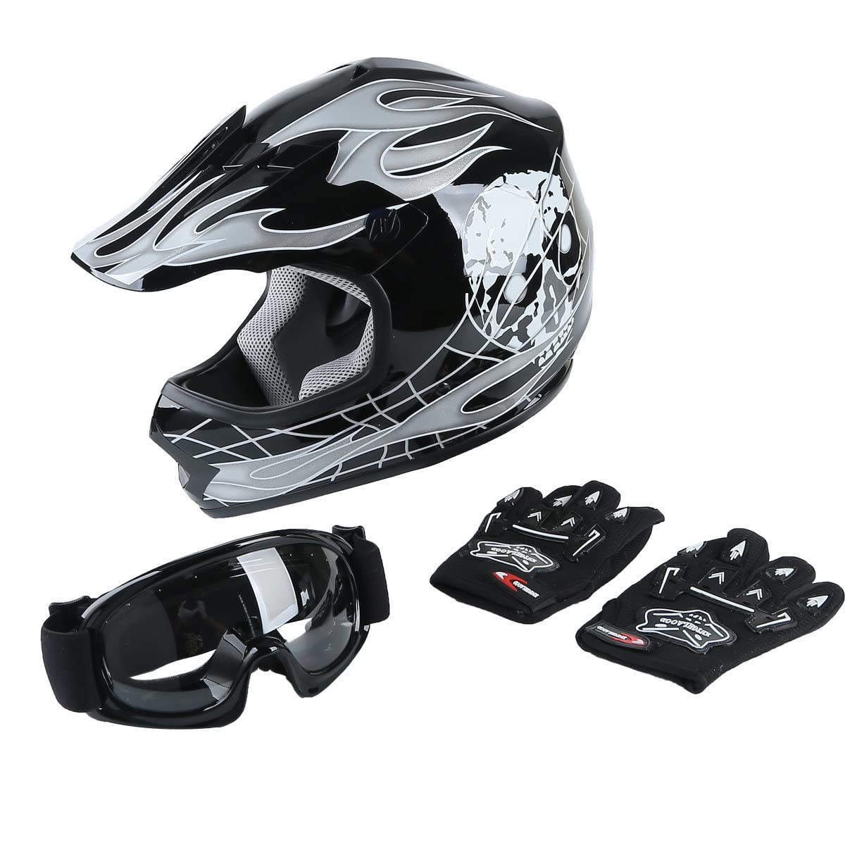 Xfmt Dot Youth Kids Motocross Offroad Street Dirt Bike Helmet Youth Motorcycle Atv Helmet With Goggles Gloves Black Skull Xl