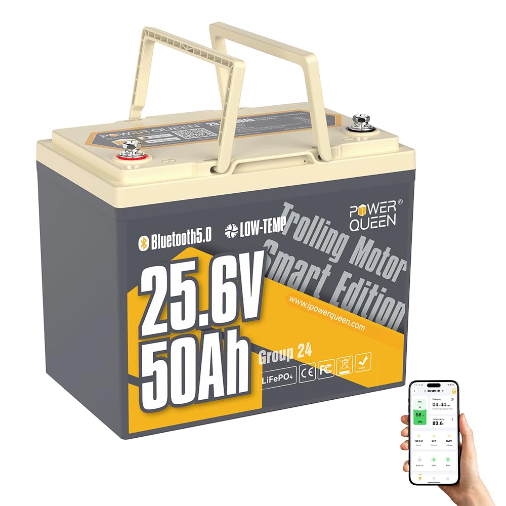 Power Queen 24V50Ah LiFePO4 Battery with Bluetooth 5.0 Remote Control, Low-temperature Protection, 1280Wh Energy, Deep Cycle Lit