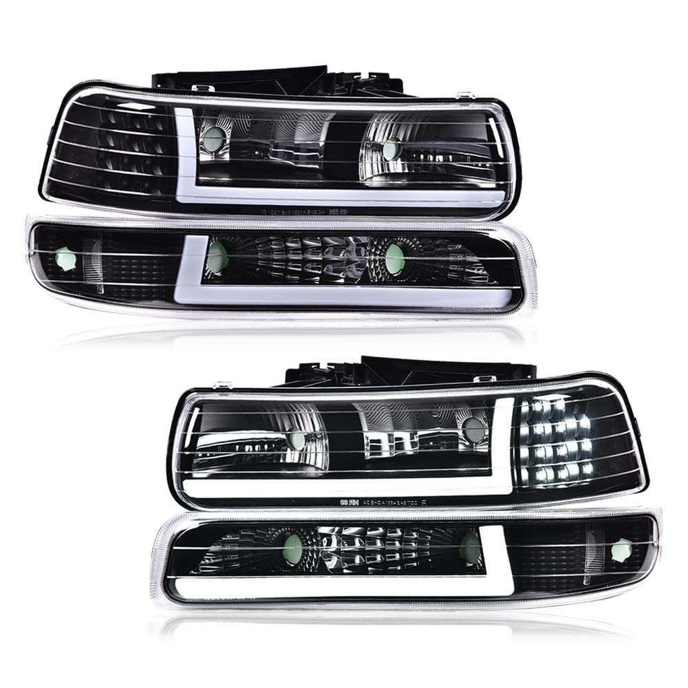 GRAND ORANGE LED DRL Headlights Assembly Compatible with Chevy Silverado 1500 2500 1999-2002, Fit Chevy Suburban Tahoe 2000-2006