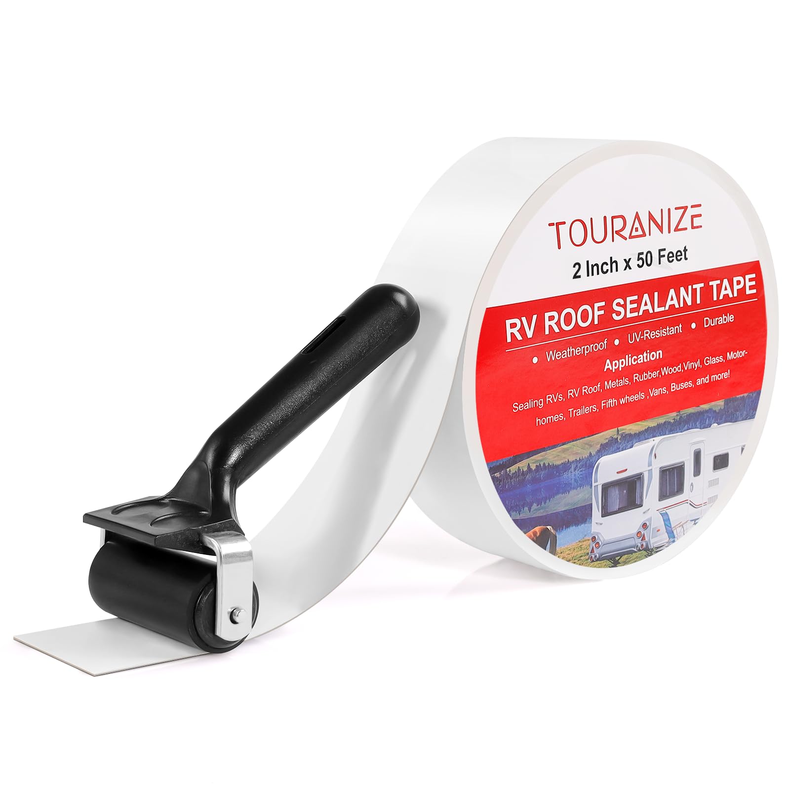 Touranize Rv Roof Tape With Rubber Roller, 2 Inch X 50 Feet Rv Sealant Tape For Camper Roof Repair, Boat Sealing, Trailer Roof S