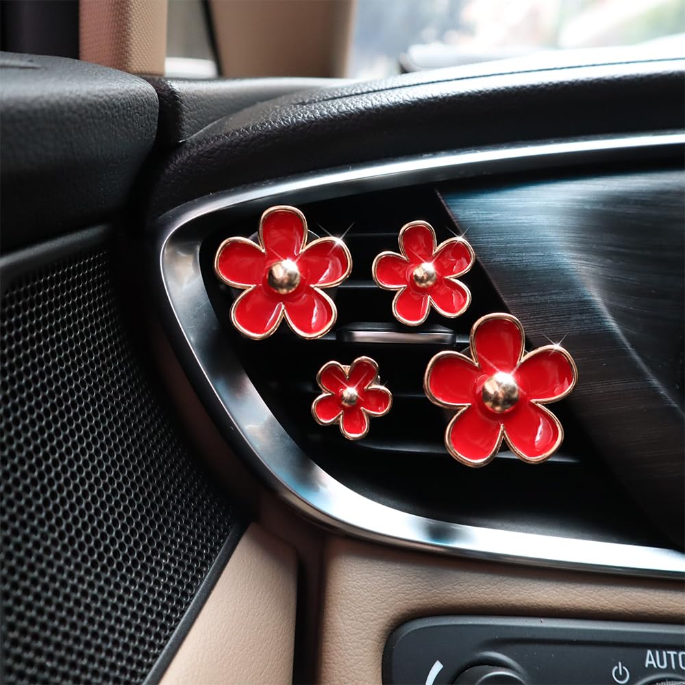 Oriesse 4Pcs Flowers Air Vent Clips Red Daisy Car Air Freshener Vent Clips Cute Fower Car Accessories For Women Refillable Diffu