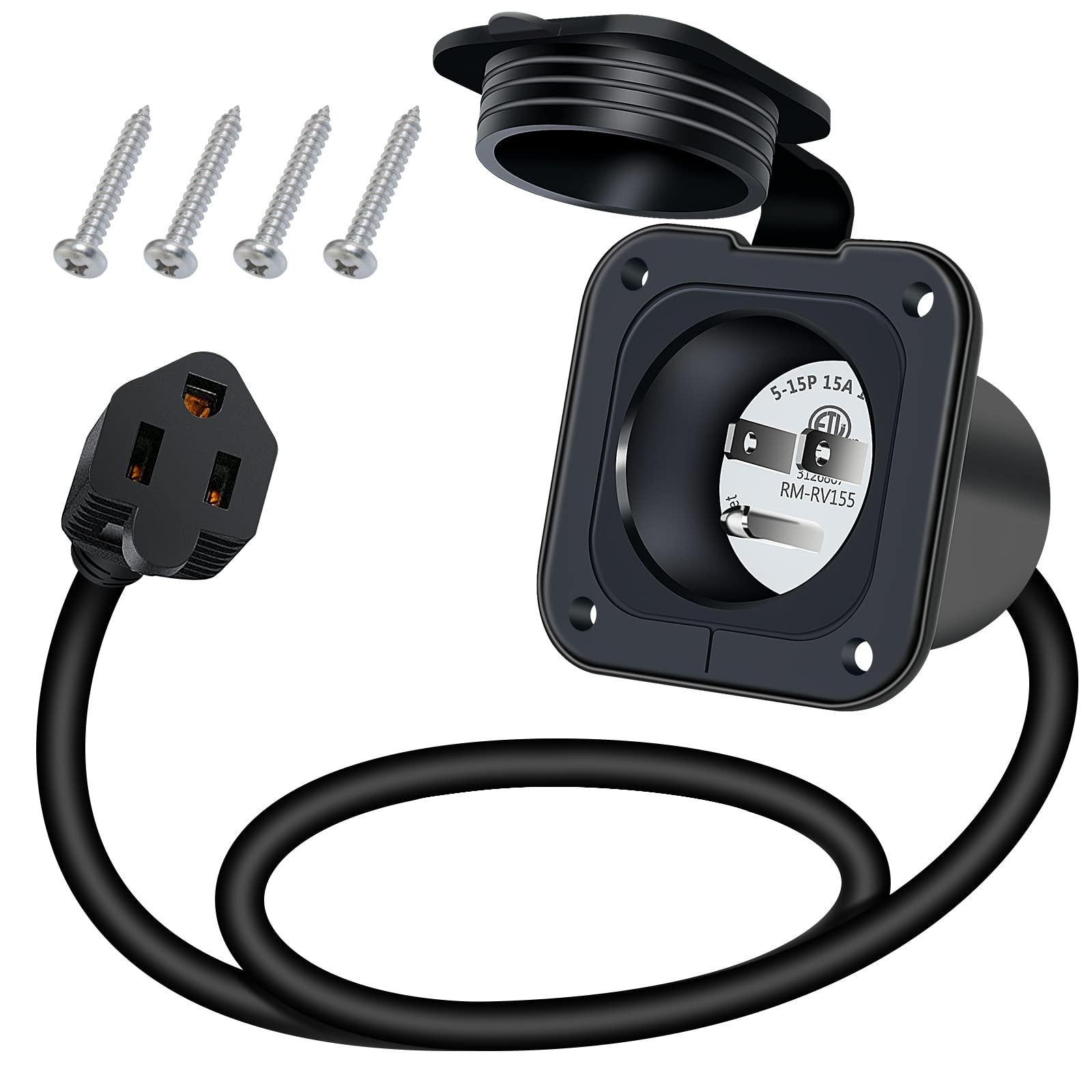 15 Amp Shore Power Inlet, EilxMag 125V Flanged Inlet Power Inlet Port Plug NEMA 5-15P RV Electrical Outlet with Integrated 24'' 