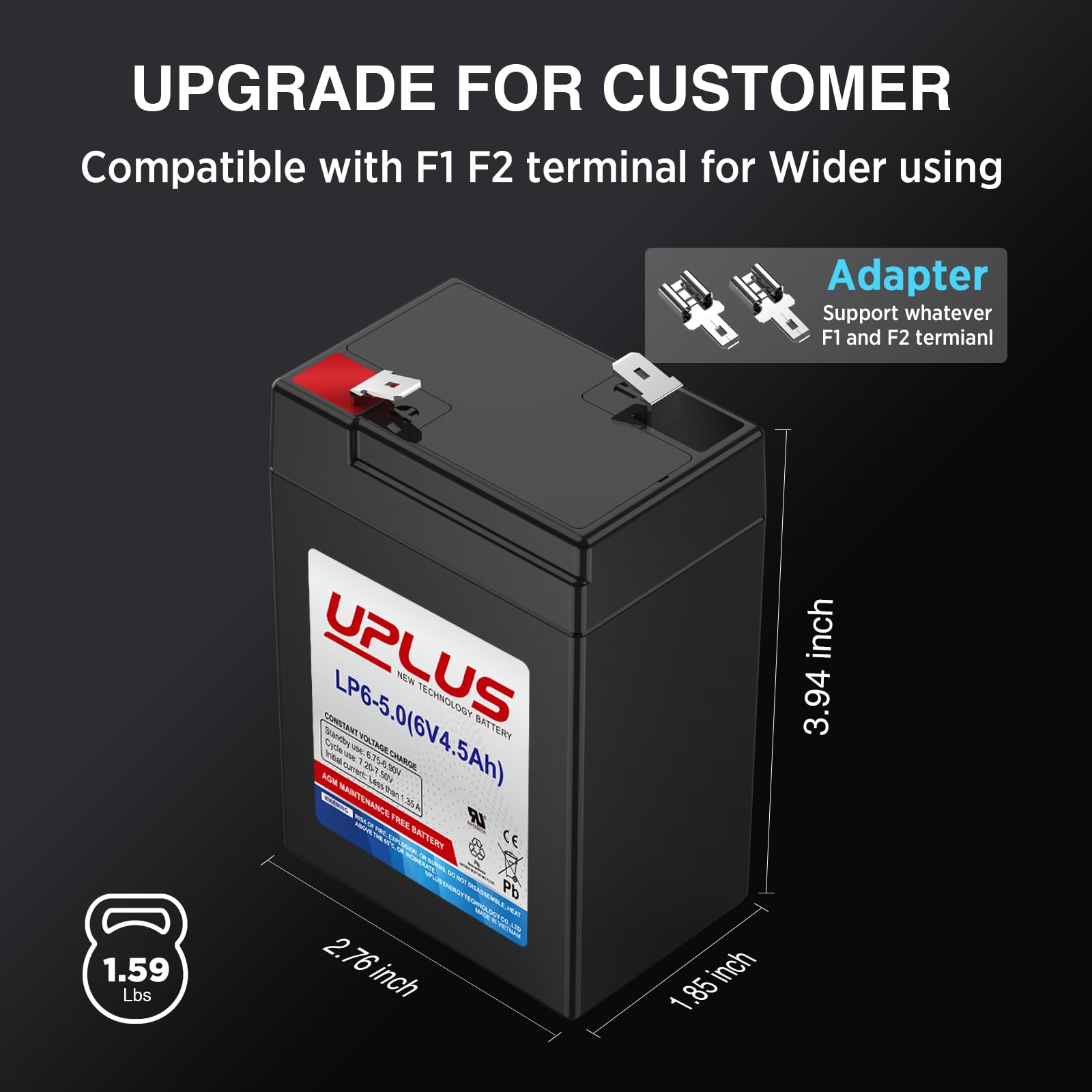 UPLUS Rechargeable 6V 4.5Ah SLA AGM Battery Replacement for Auto Feeders, Lanterns, and Kids Ride-on Cars - Model LP6-5