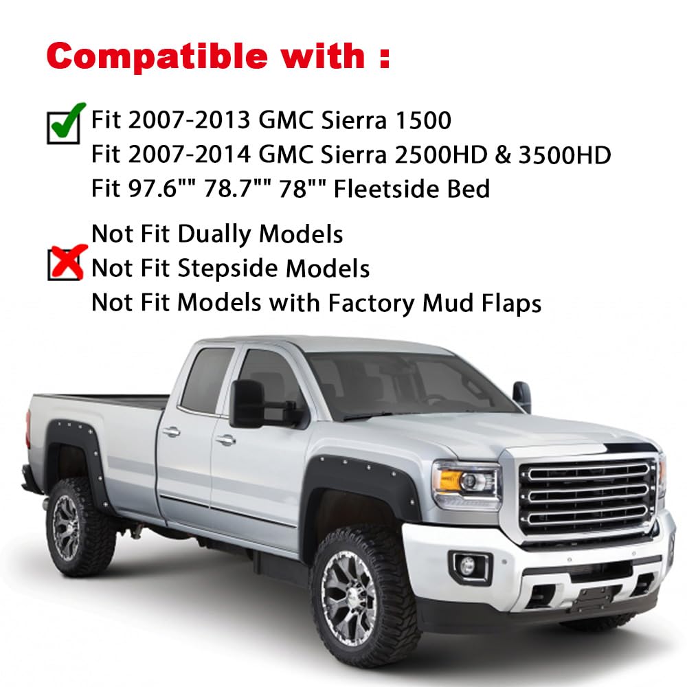 CROSSDESIGN Pocket Style Smooth Black Wheel Cover Protector Fender Flares Compatible with GMC Sierra 1500 All Beds 2007-2013,4pc