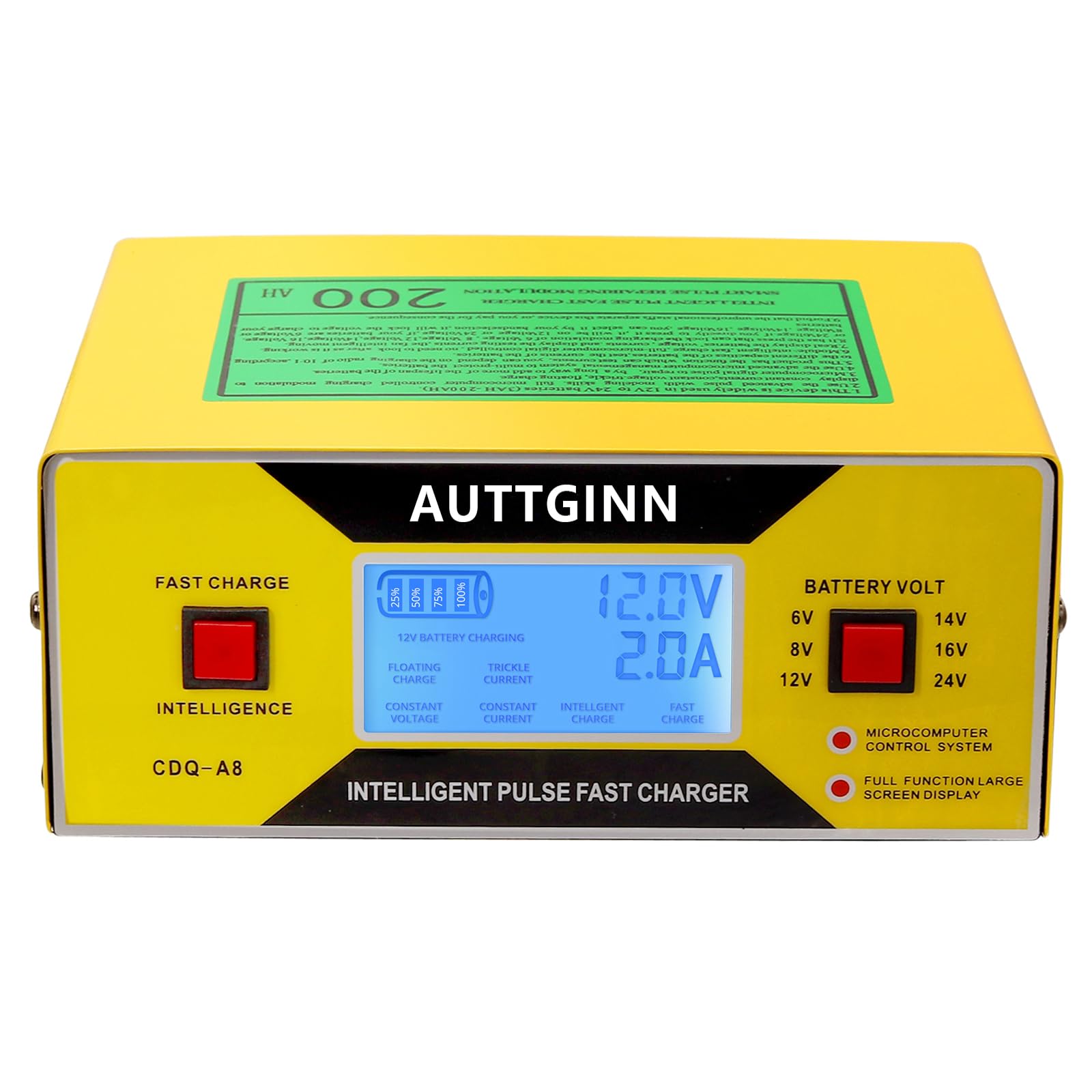 AUTTGINN Smart Adjustable 0-10Amp Battery Charger for 6-24V Cars, RVs, Golf Carts - Yellow, Model A8