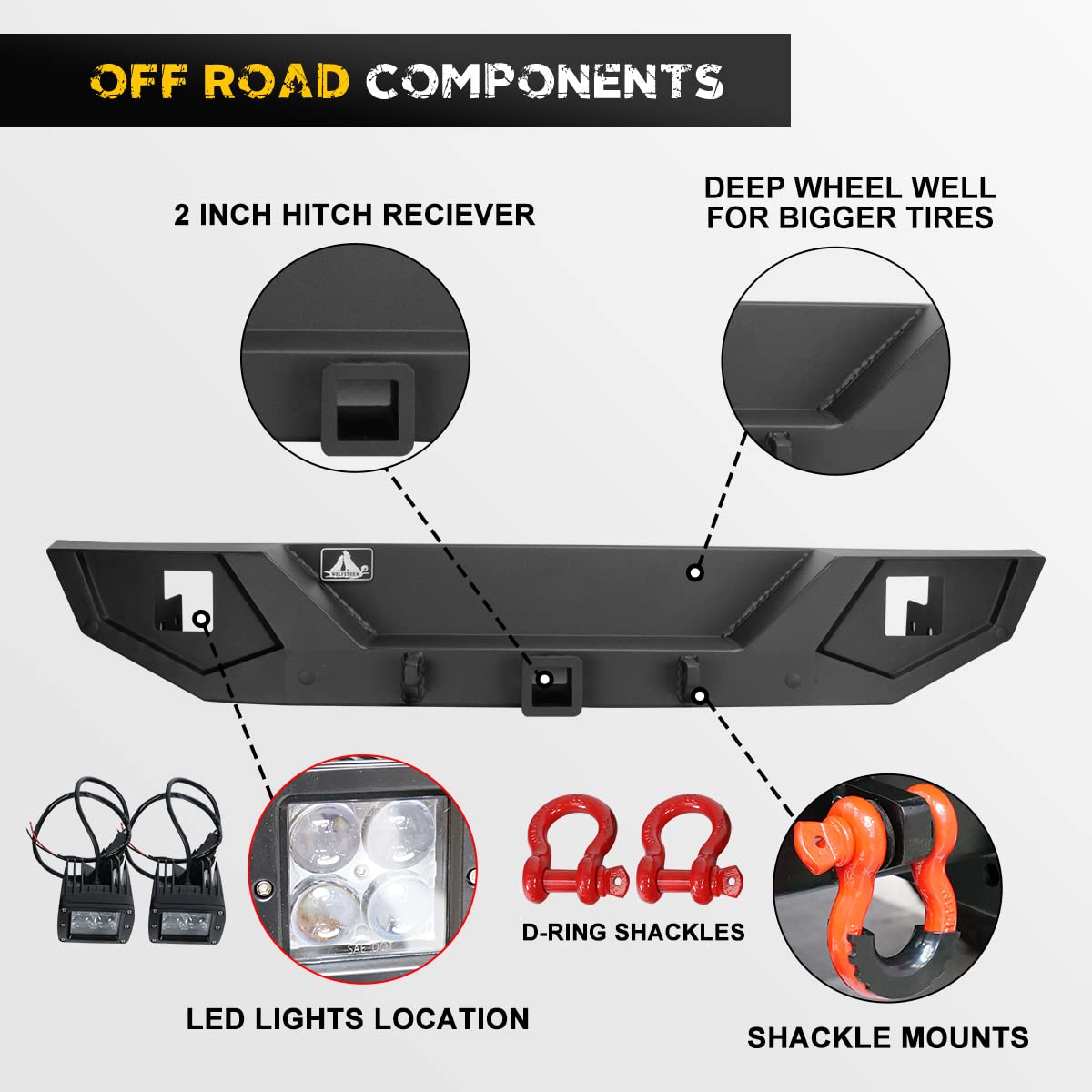 Rear Bumper Compatible For Jeep 2007-2018 Wrangler Jk & Jku Unlimited (2/4 Doors),Hawkley Rock Crawler Offroad Back Bumper With Hitch Receiver & 2X Led Lights & 2X D-Rings