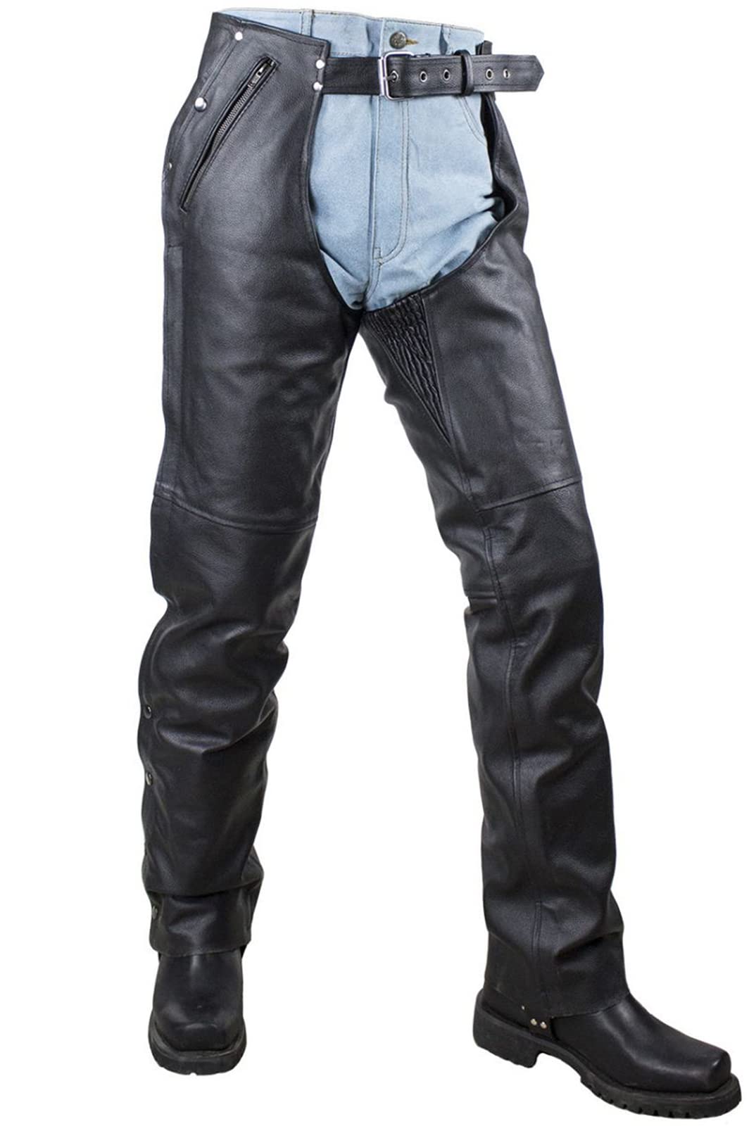 Dream Apparel Black Leather Motorcycle Riding Chaps for Men and Women W/Liner and Four Deep Pockets, Cowboy Biker Chaps Pants (S