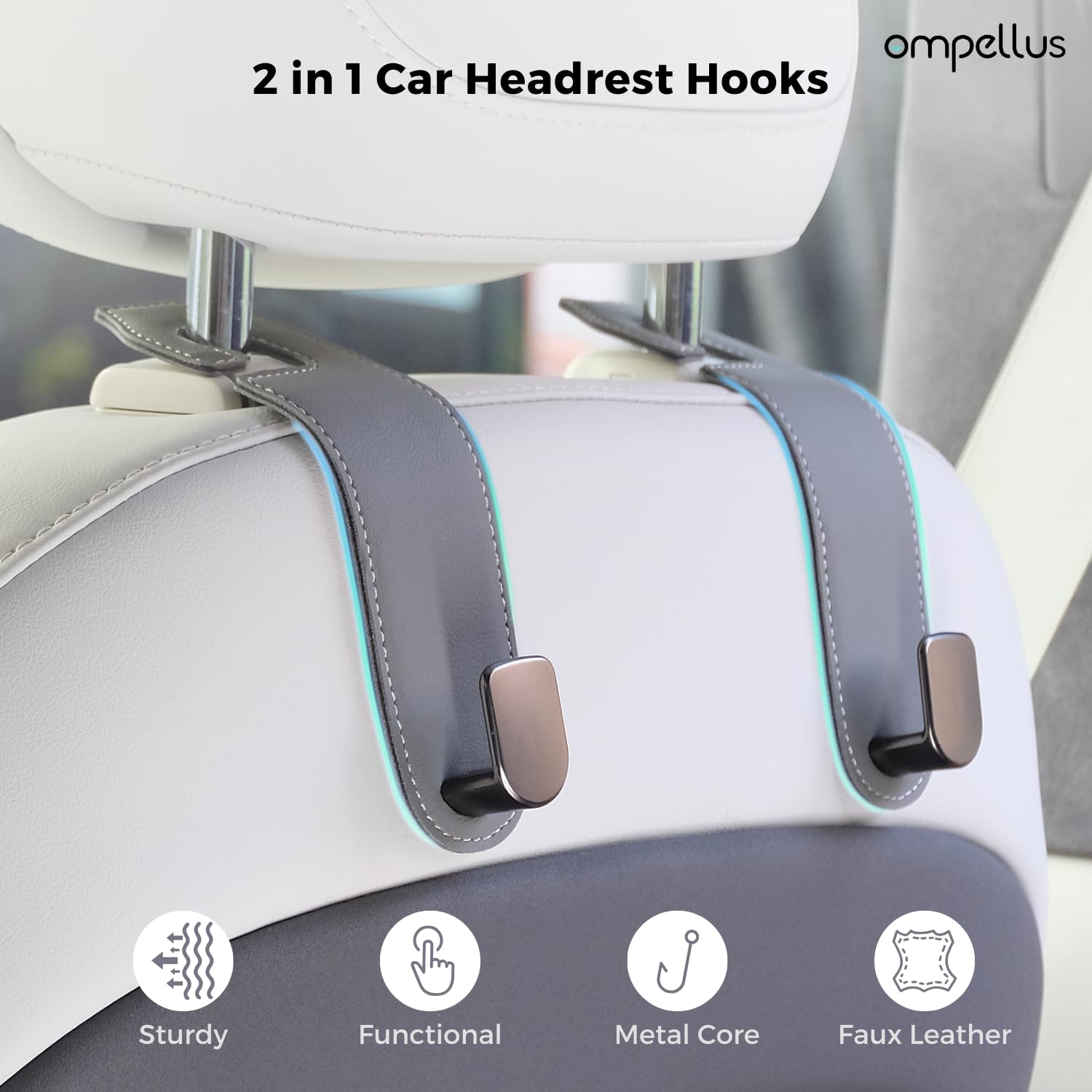 Ompellus Car Headrest Hook, 2 Pack Leather Car Seat Hooks for Purses and Bags, Car Organization Accessories (Tan)