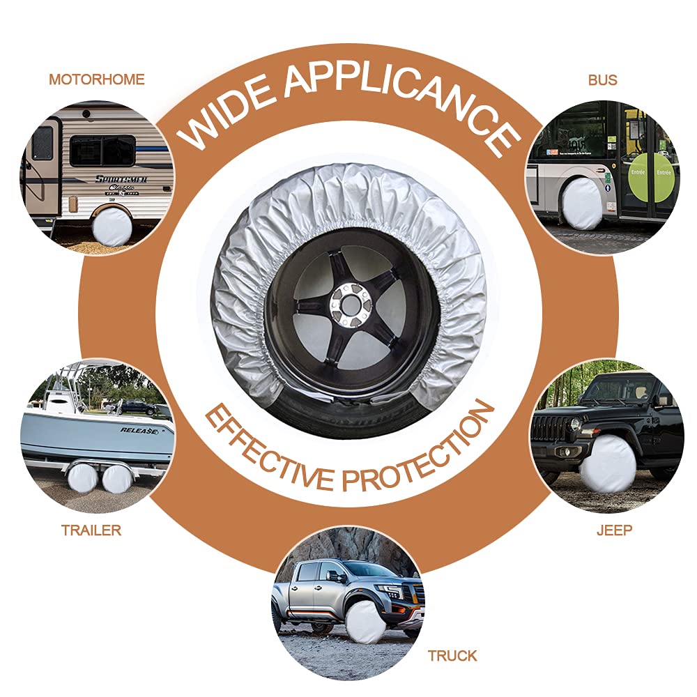Kayme Four Layers Tire Covers Set Of 4 For Rv Travel Trailer Camper Vinyl Wheel, Sun Rain Snow Protector, Waterproof, Silver, Fi