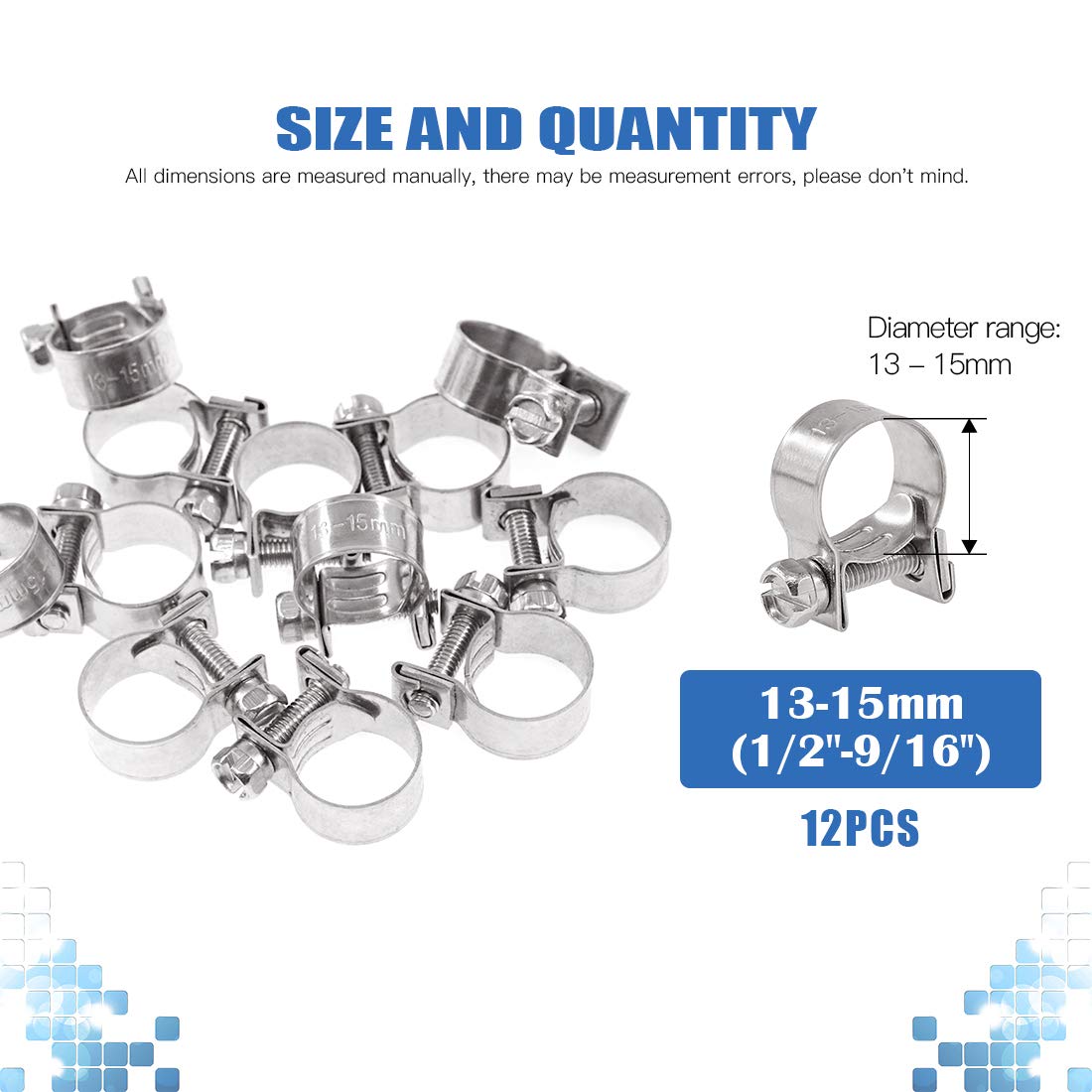 Glarks 12Pack 13-15Mm Stainless Steel Mini Fuel Injection Hose Clamps Adjustable Pipe Hose Clip Tube Clamps Set (1/2''-9/16'' Di