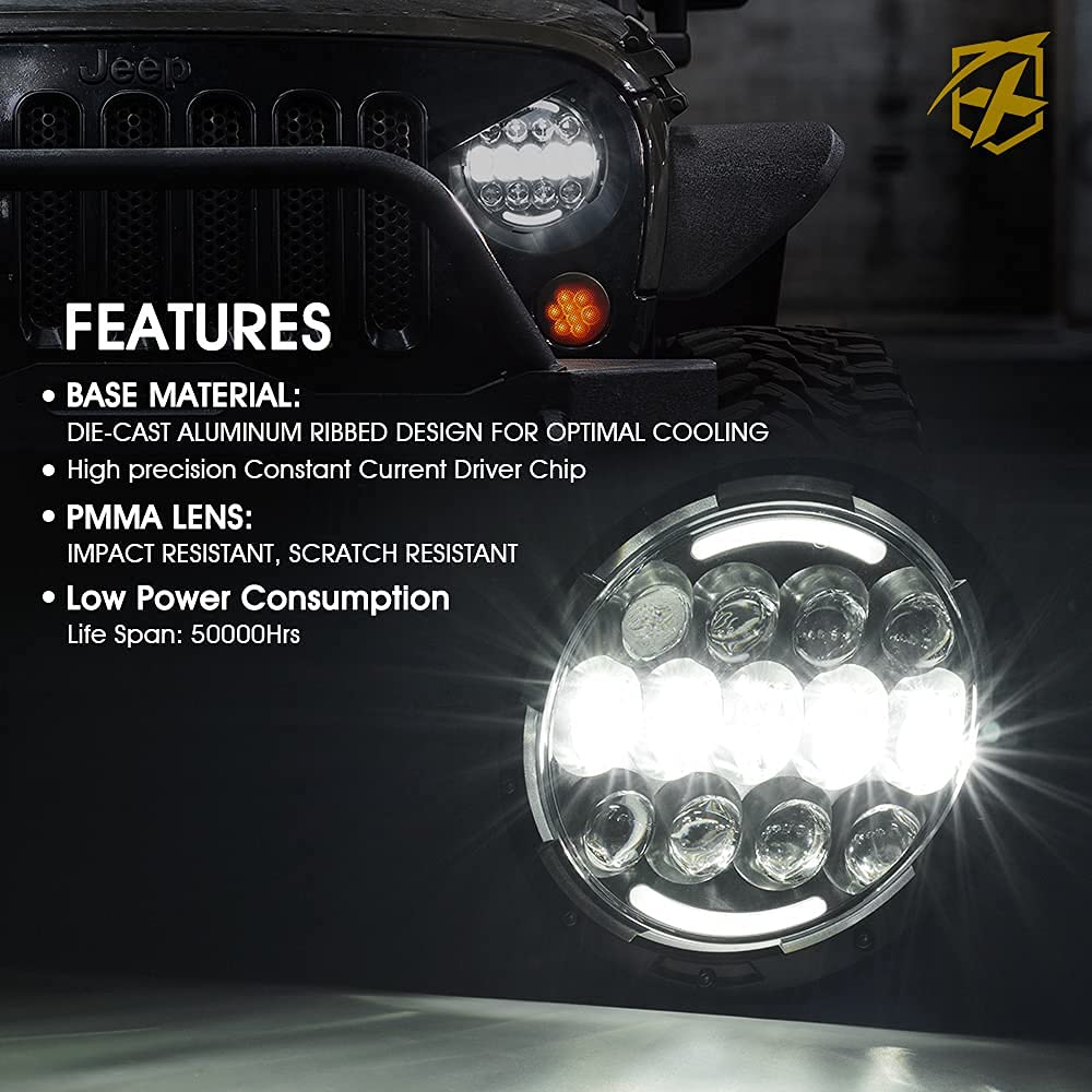 Xprite 105W LED Headlights - Hi/Lo Beam, DRL, Amber Turn Signal, 7" Round, Compatible with Jeep Wrangler JK TJ LJ 1997-2018, DOT
