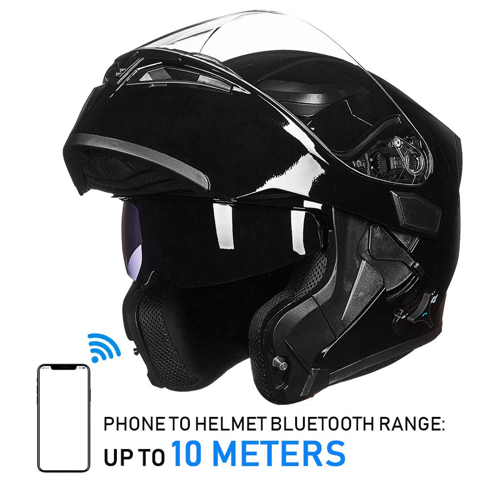 Ilm Bluetooth Motorcycle Helmet Modular Flip Up Full Face Dual Visor Mp3 Intercom Fm Radio Dot Model 902Bt(Gloss Black, L)
