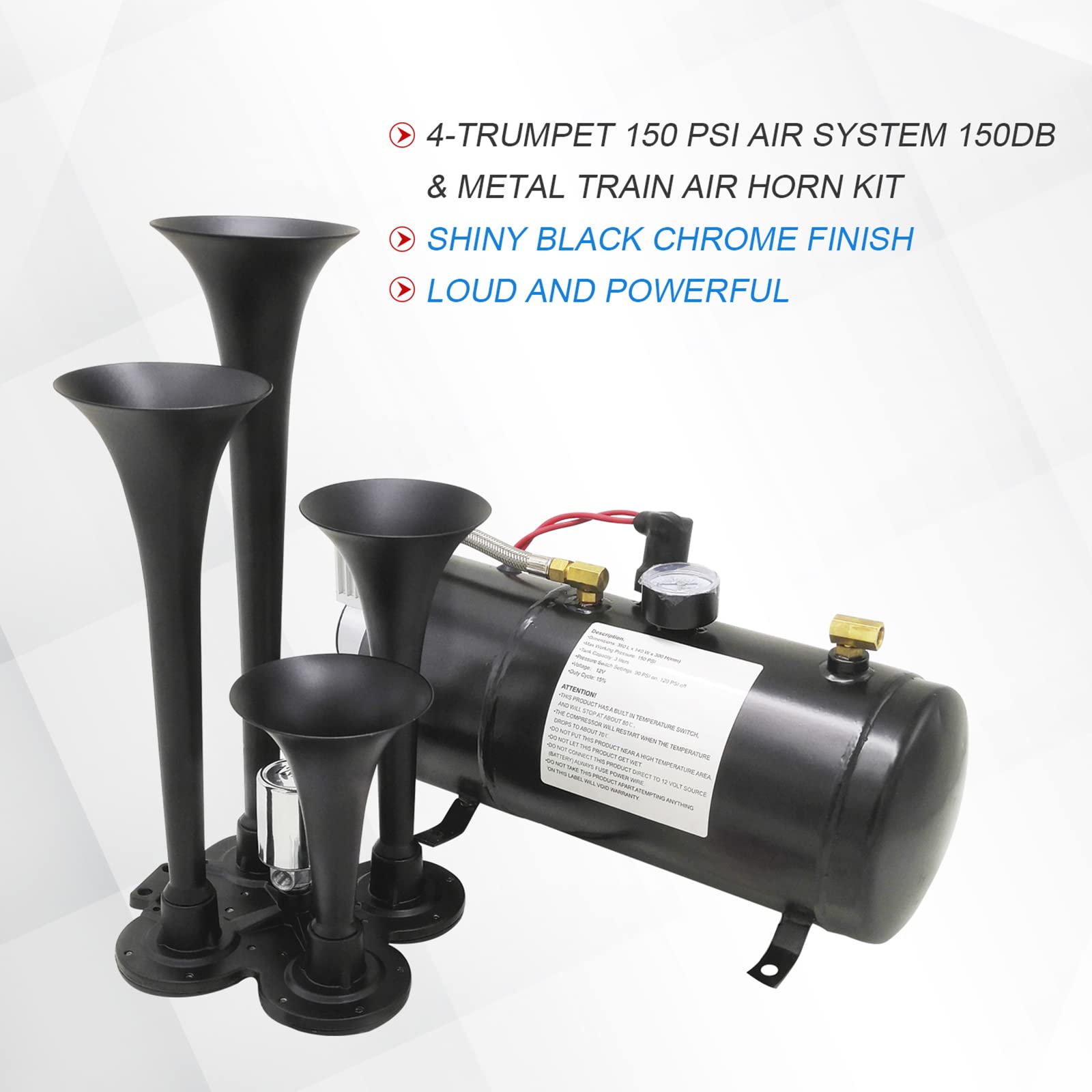 150Db 4 Trumpet Train Horns Kit Super Loud Air Horn With 150 Psi 12V Air Compressor Air Horn Compressor Tank For Any Vehicle Tru