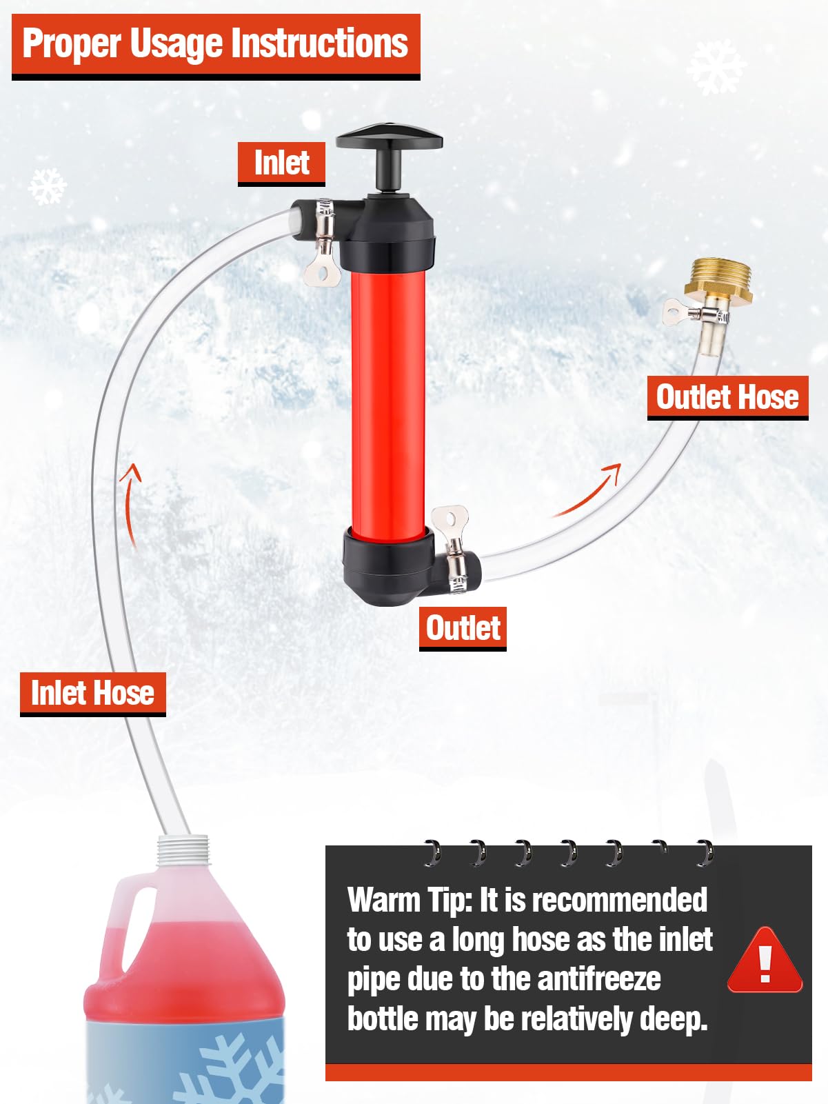 MADHOLLY Antifreeze Siphon Hand Pump Kit - Red Plastic Fuel Transfer Pump for Gas, Oil & Liquids - RV Winterizing Kit, Includes 3 Leak-proof Clamps