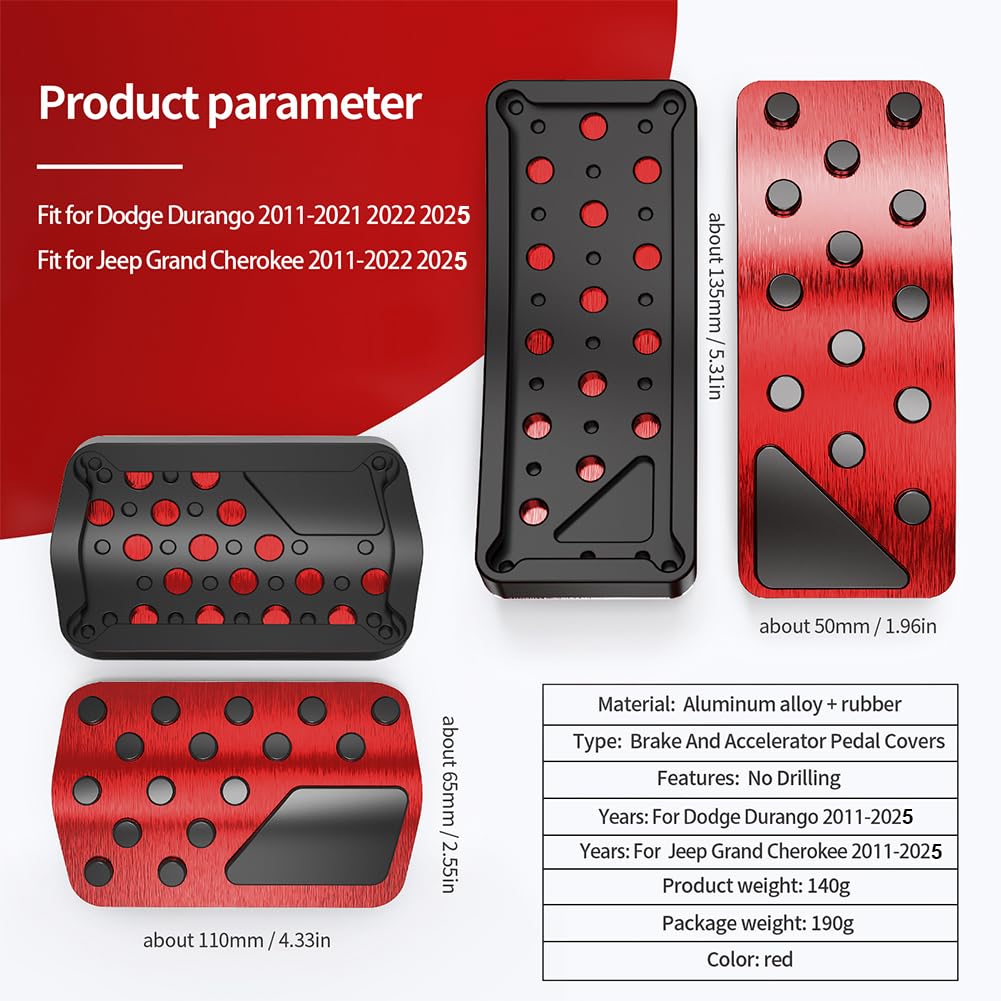 TDOFYH Car Pedal Cover Set for Jeep Grand Cherokee & Dodge Durango 2011-2025, Aluminum Alloy, Red, Model THA045, No Drilling