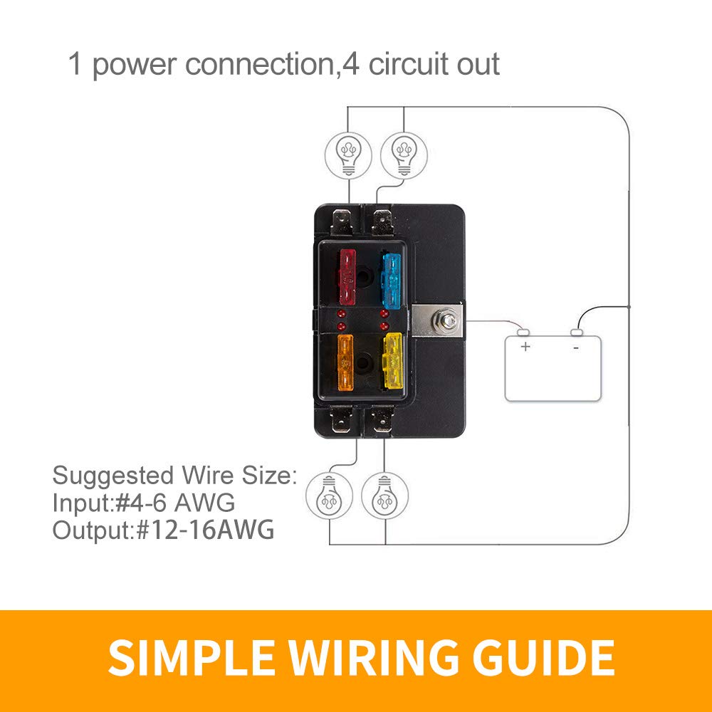 BUNKER INDUST 4-Way Blade Fuse Box with LED Indicator for Blown Fuse,Fuse Block Holder Box with Protection Cover for Car Boat Ma