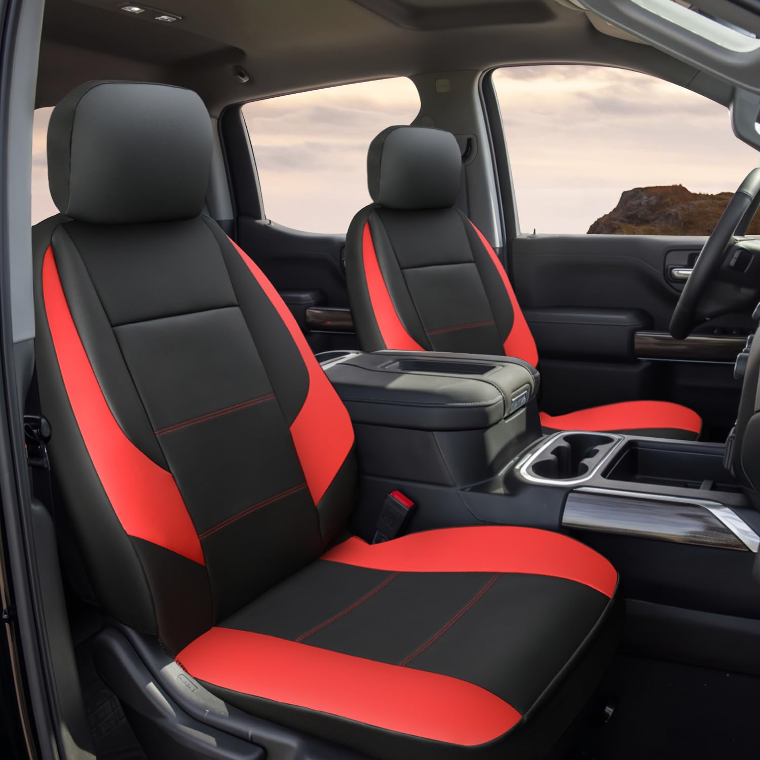 Giant Panda Front Car Seat Cover Customized Fit Chevy Silverado 1500 2500 3500 Trucks Seat Protectors (Red+Black) 2-Pack