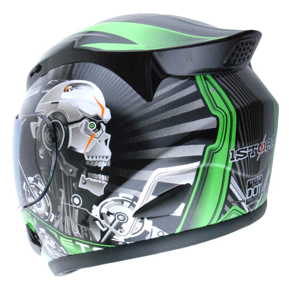 1Storm Motorcycle Bike Full FACE Helmet Mechanic Skull - Tinted Visor Green Size XL (59-60 CM 23.2/23.4 Inch)