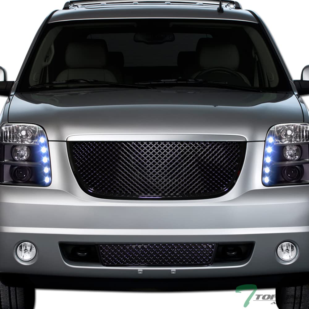 Glossy Black Mesh Front Upper Hood Grill + Lower Bumper Grille Guard ABS Compatible With 07-14 GMC Yukon/XL/Denali