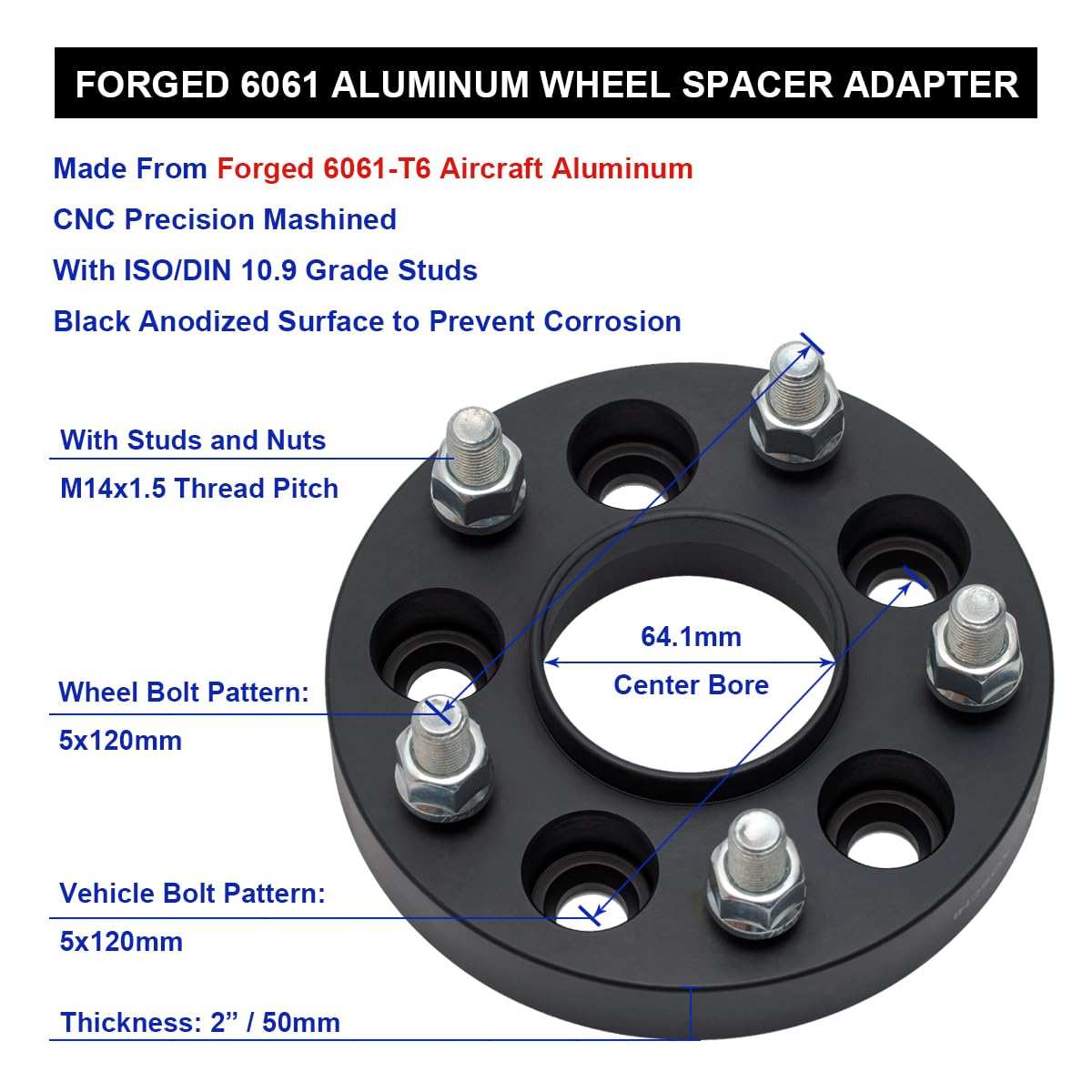 VLAOSCHI Black Forged 5x120 Hubcentric Wheel Spacers 2 Inch 14x1.5 Studs 64.1mm Hub Bore Compatible with Honda-Acura-Tesla for O