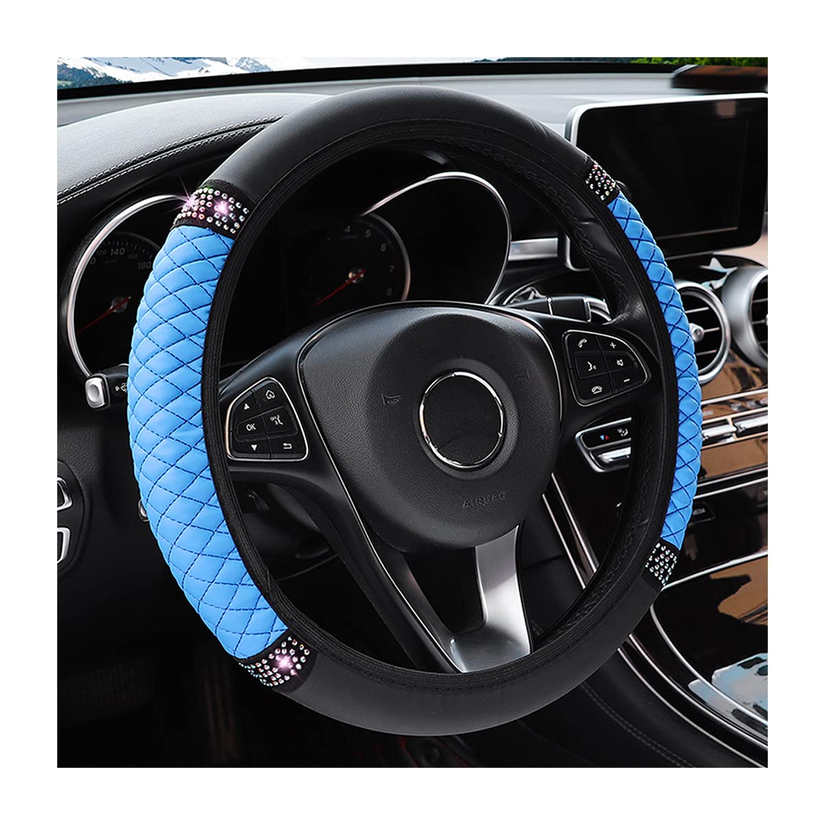 Bling Leather Steering Wheel Cover, Colorful Rhinestones Elastic Steering Wheel Protector, Pu Soft Leather With Crystal Diamond, Sparkling Car Accessories For Most Cars (Blue)