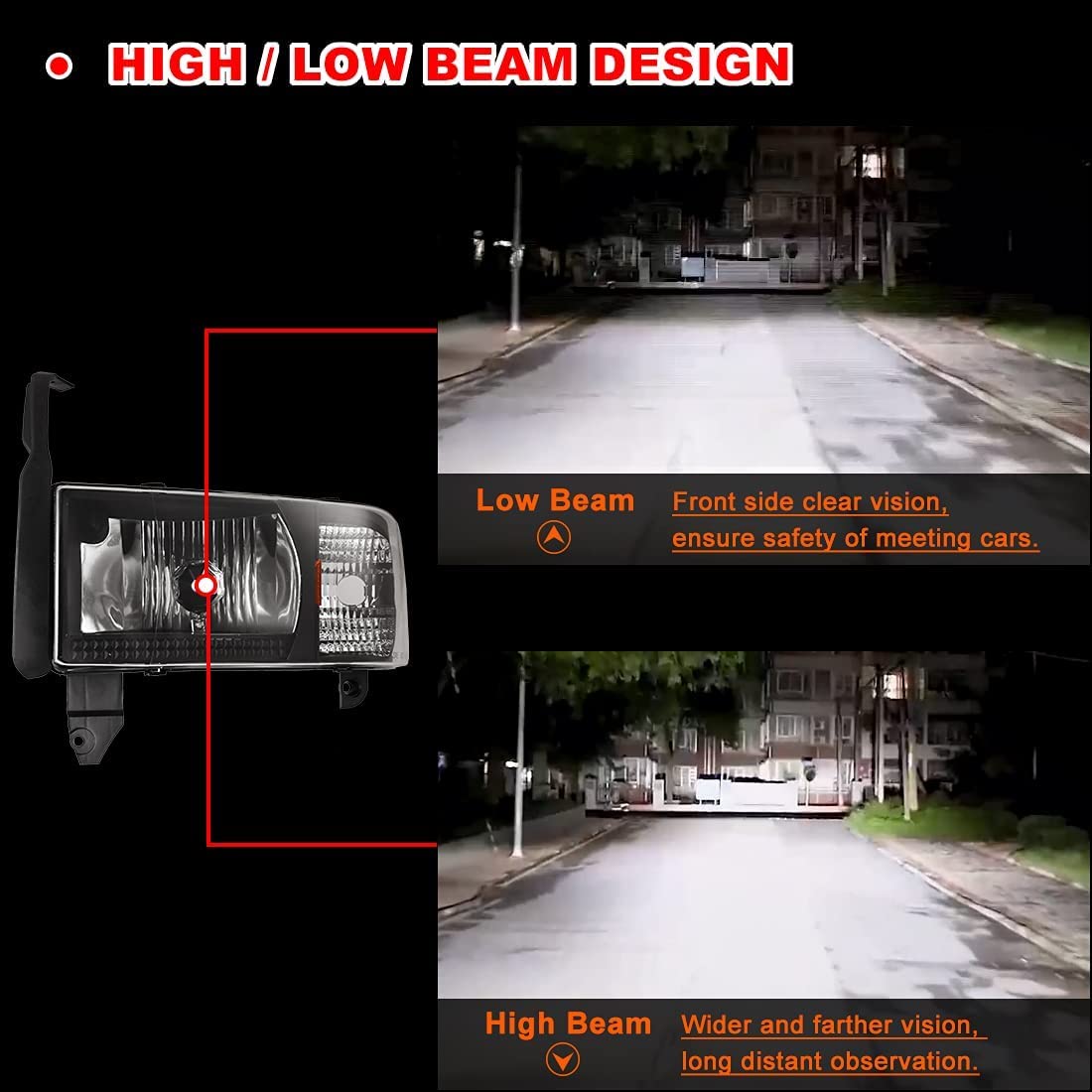 Nixon Offroad Projector Headlights for 1994-2001 Dodge Ram 1500/2500/3500, High Low Beam, Clear Lens, Model 10-0292-