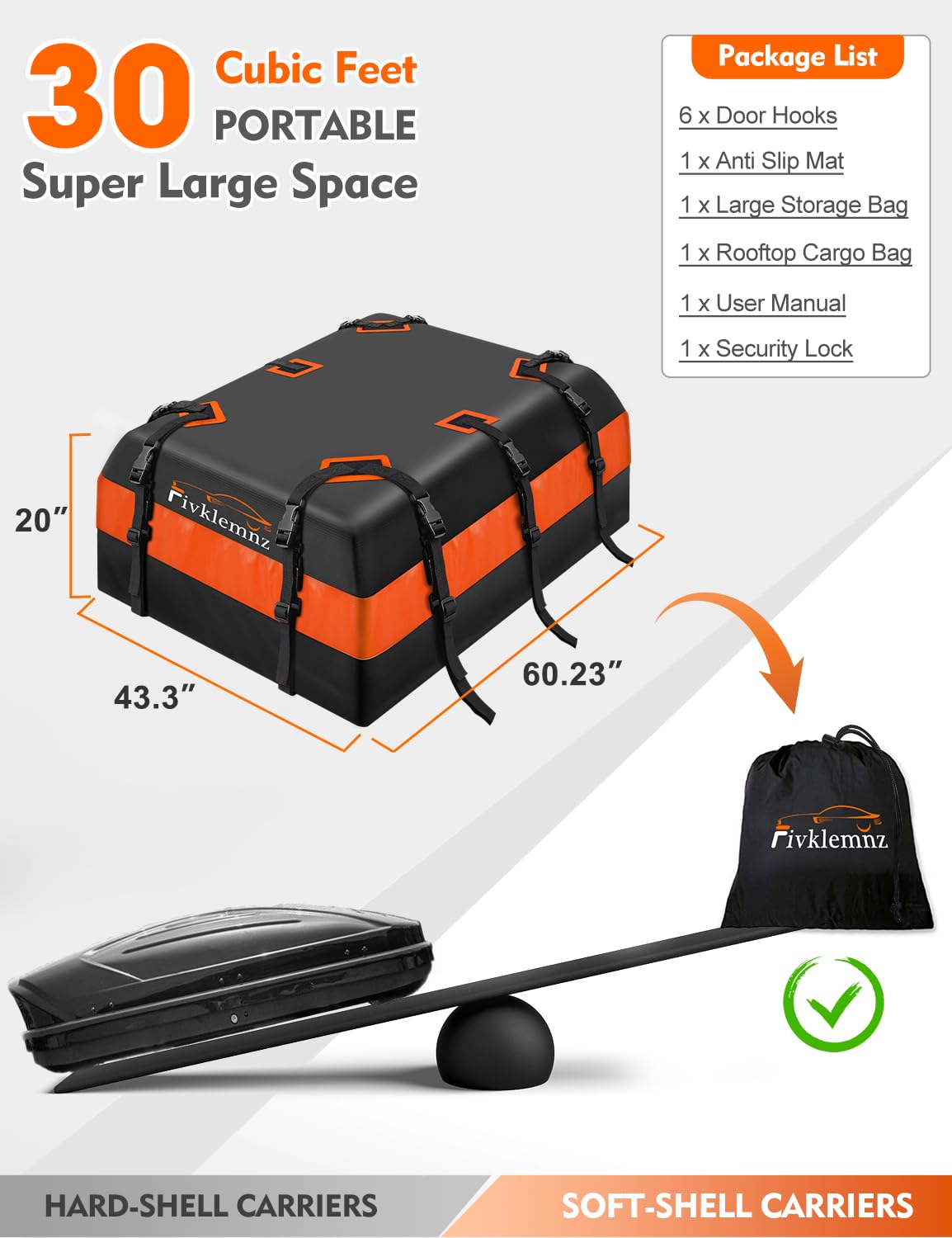 FIVKLEMNZ Rooftop Cargo Carrier Bag - Waterproof 30 Cubic Feet with Anti-Slip Mat, Reinforced Straps & Luggage Lock