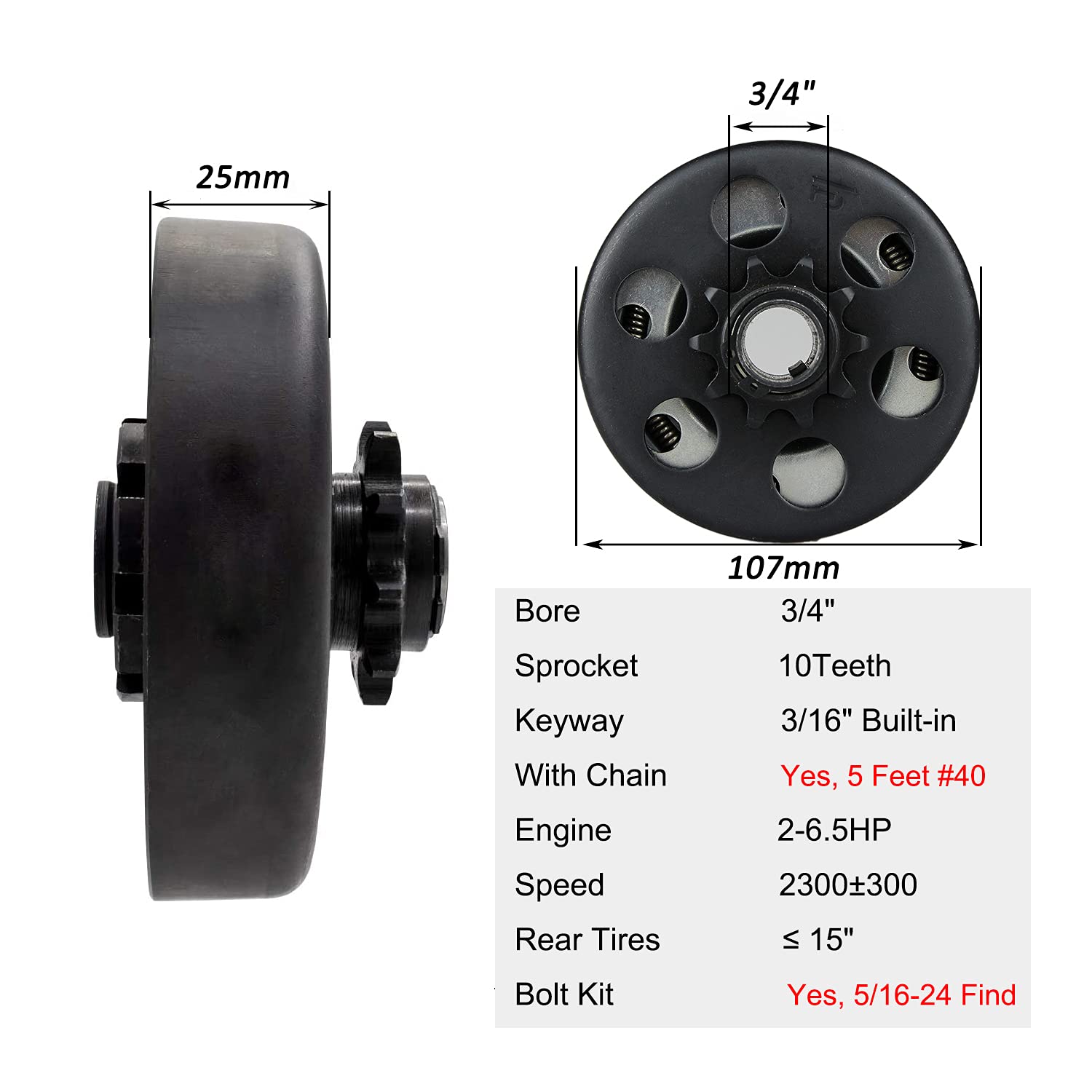 FDJ Go Kart Clutch 3/4" 10 Tooth with #40 Chain for Predator 212cc Mini Bike/Lawnmower