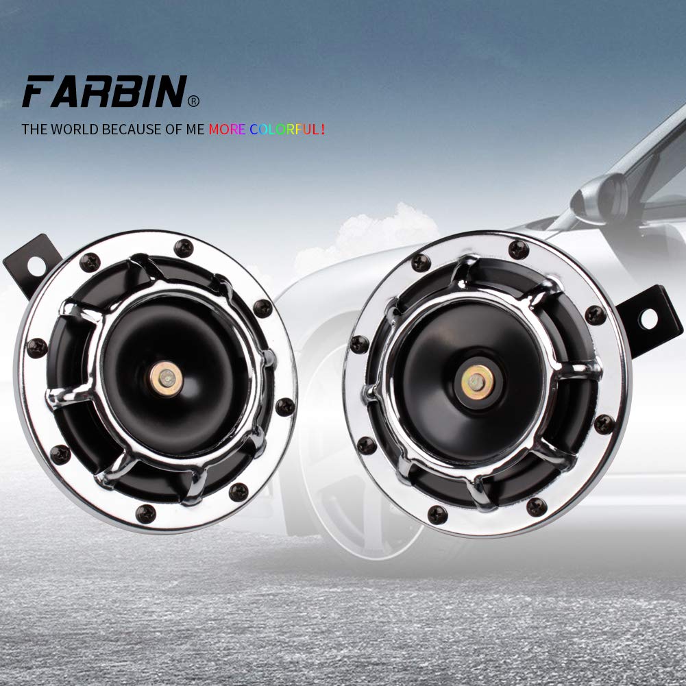 Farbin Car Horns 12V Super Loud Horn Supertone Car Horn High Tone/Low Tone Metal Truck Horn Train Horn Twin Horn Kit With Protec