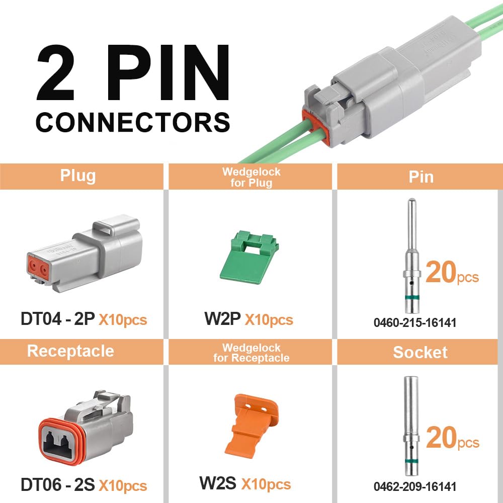Jrready St6246 Deutsch 2 Pin Connector 10 Sets, Dt04-2P Dt06-2S Gray Waterproof Electrical Wire Connector With Solid Contacts 14