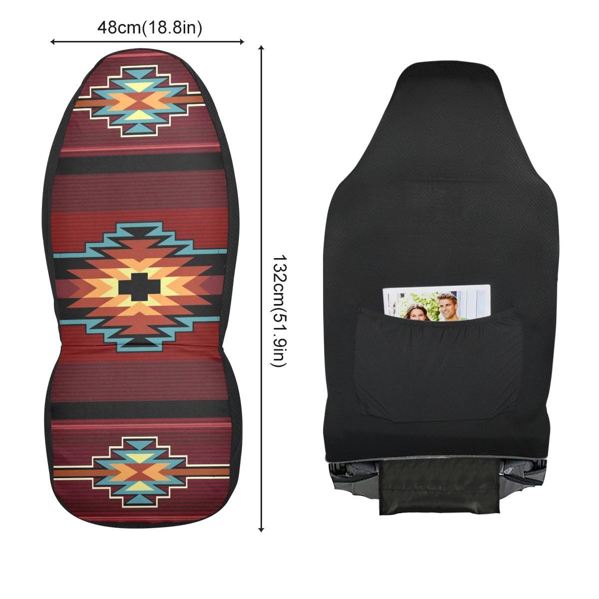 LONSANT Car Seat Covers Set of 2, Teal Red Southwest Aztec Print, Universal Fit, Polyester, 18.8"x51.9", Model QicheCt0722COver