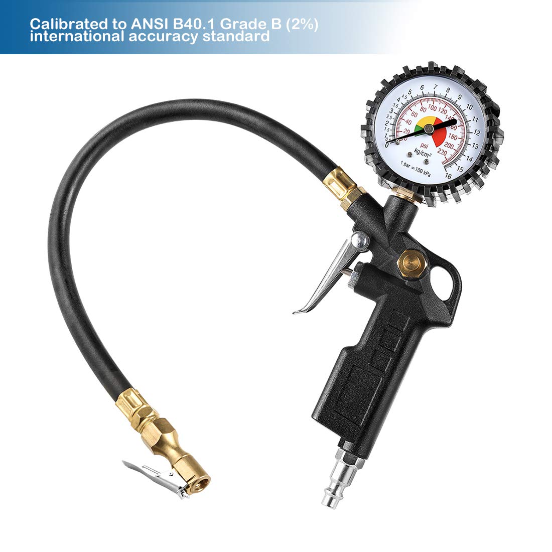 CZC AUTO Tire Inflator Deflator Air Pressure Gauge with Rubber Hose, 2-1/2'' Dial Wheel Inflator Gage with Straight Brass Lock-o