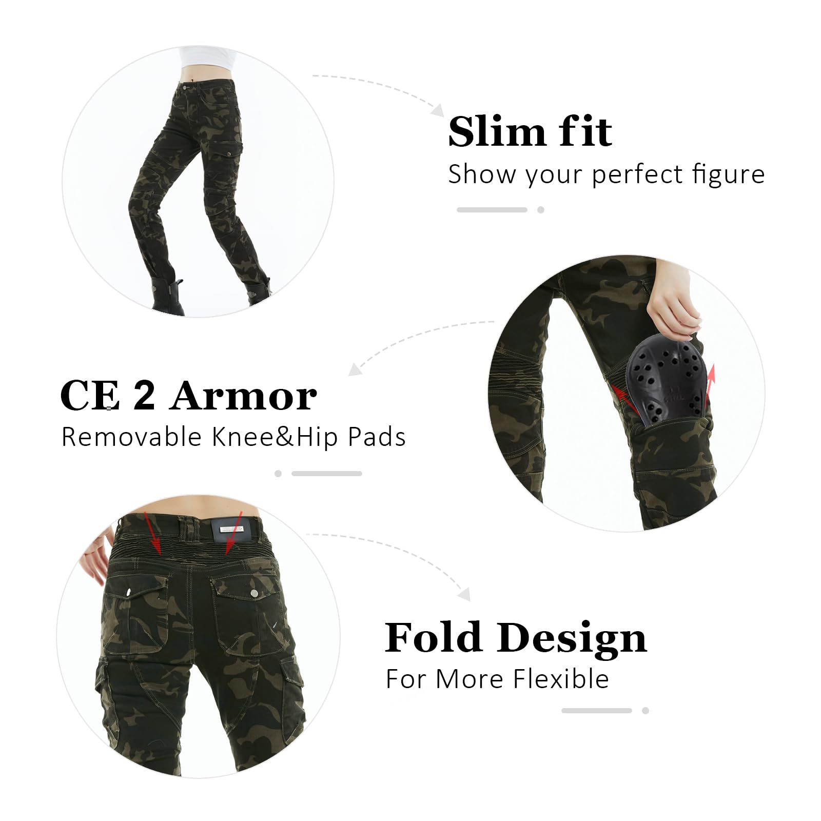 LOMENG Motorcycle Riding Pants Motorcycle Jeans Slim Fit with CE Knee Hip Removable Protectors Armor for Women Camouflage XXS 25