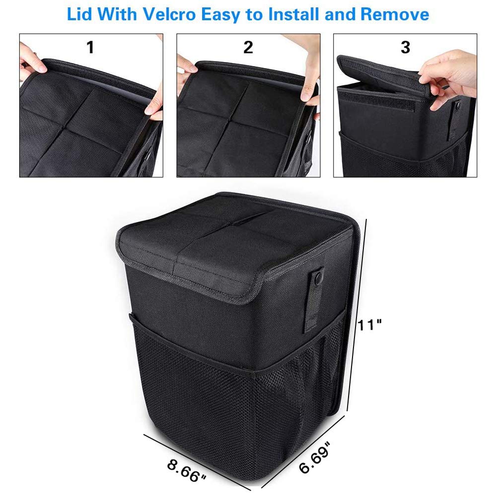 Powertiger Car Accessories Hanging Car Trash Can Bin - Car Garbage Cans Bag With Lid & 3 Mesh Storage Pockets 2.64 Gallon