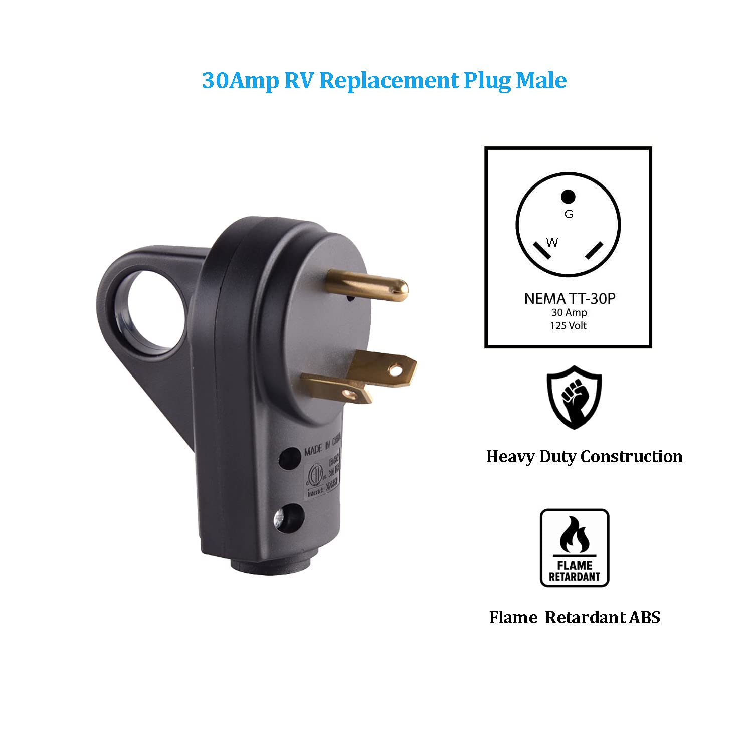 Veepeak 30 Amp RV Plug Male Replacement TT-30P Heavy Duty 125V Connector, 30M Length, Easy Grip Handle