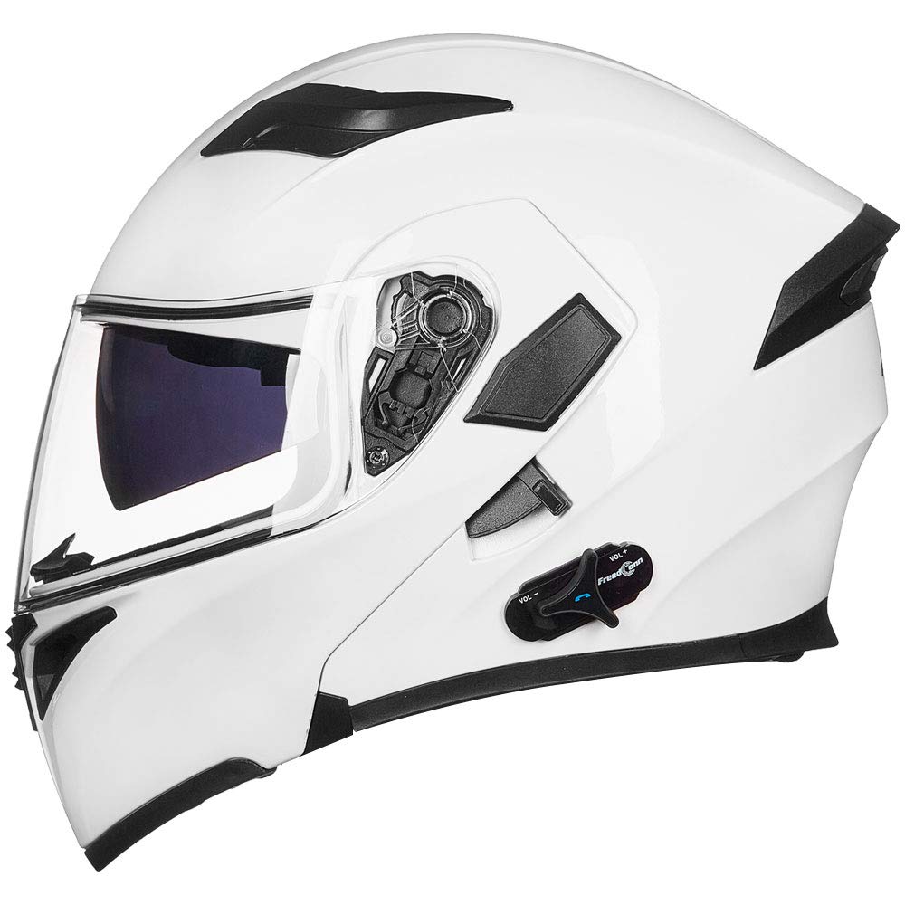 ILM Bluetooth Motorcycle Helmet Modular Flip up Full Face Dual Visor 6 Riders Group Intercom Mp3 FM Radio DOT Model 902BT PRO(Wh