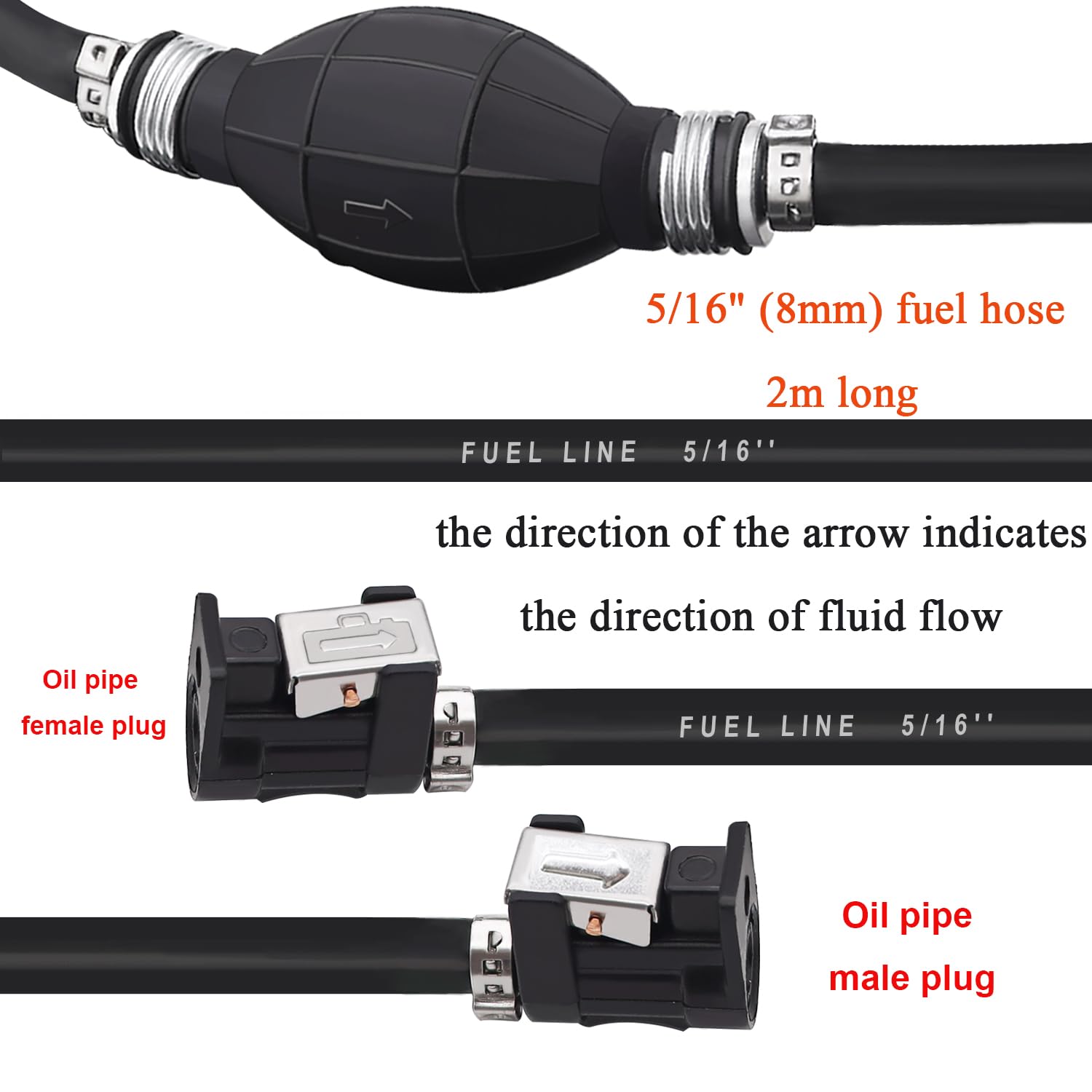Taiss 6.56FT Boat Motor Fuel Line Hose Outboard Primer Bulb Assembly ID 5/16'' (8mm), with Snap Connector and Steel Hose Clamps
