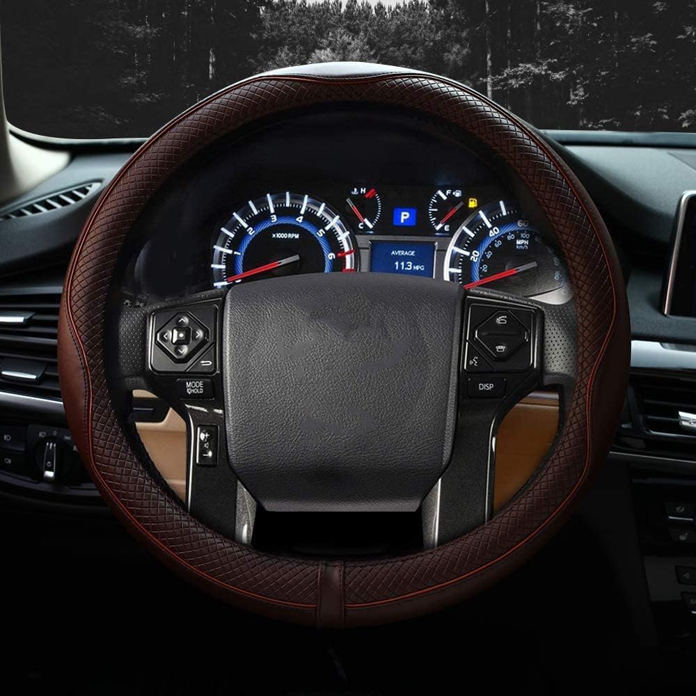 Valleycomfy Steering Wheel Covers Universal 15.75 Inch - Genuine Leather, Breathable, Anti Slip & Odor Free (Coffee, L(15 '' 1/2