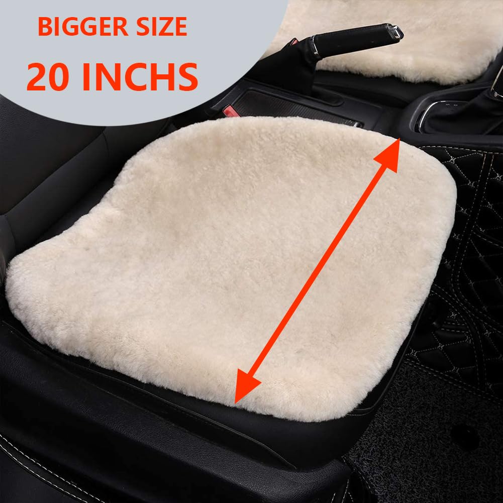 OGLAND Fluffy Sheepskin Car Seat Cover - Pearl, Front 20x20 Inch, Non-Slip Fuzzy Cushion for Auto Interior
